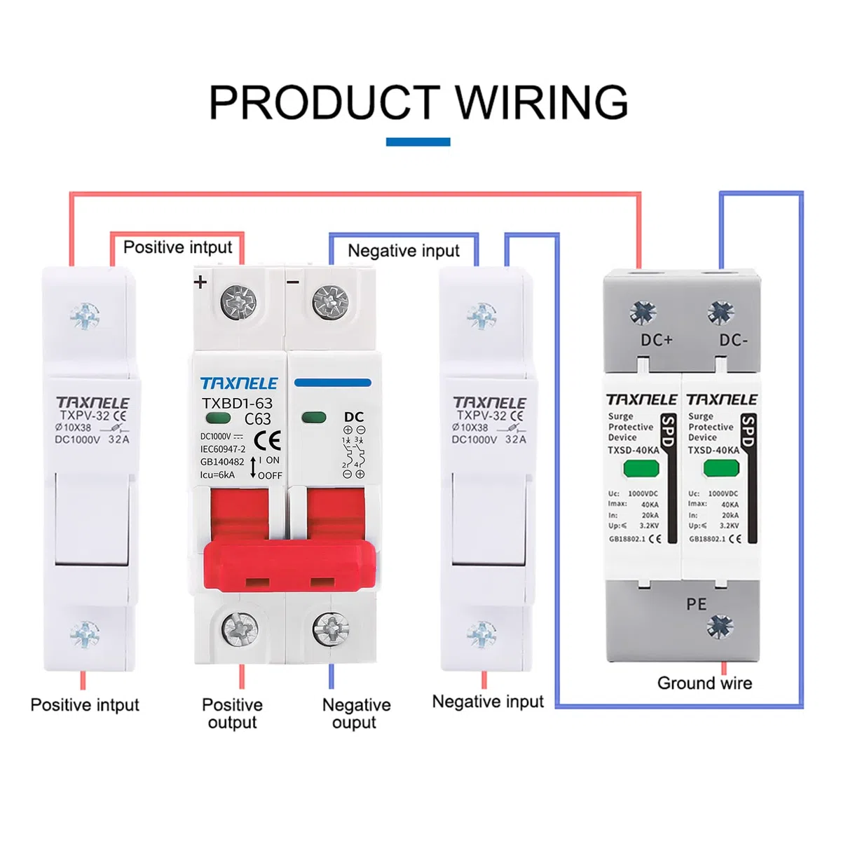 Disyuntor en miniatura DC MCB 2P DC 1000V Mini disyuntor solar Interruptor de batería Protección contra cortocircuitos Interruptor de desconexión Aislador para sistema solar fotovoltaico (63A)