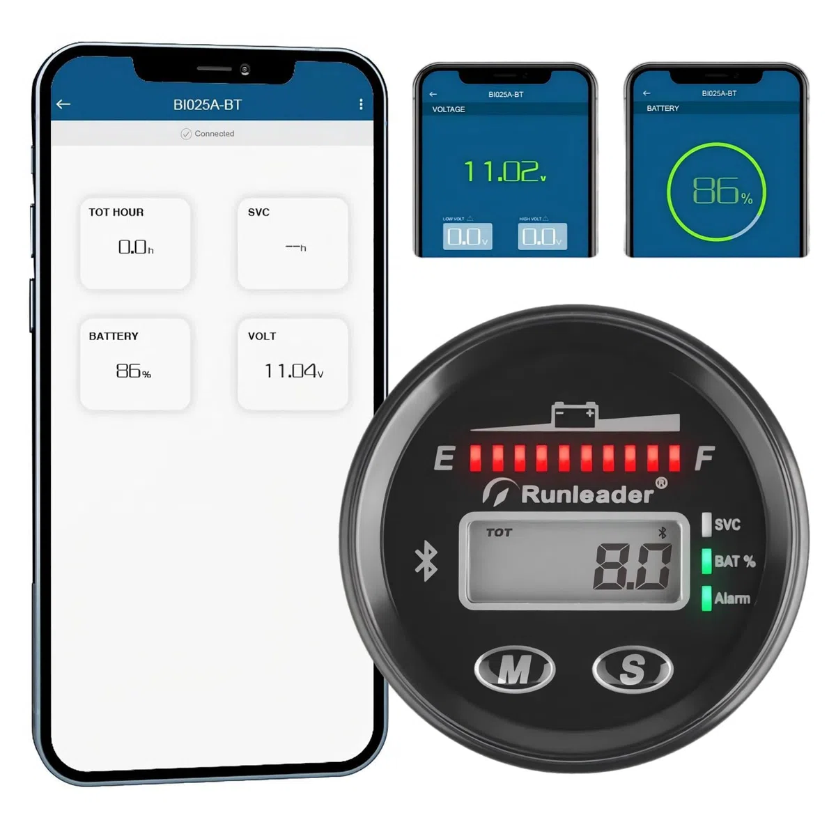 Runleader 12V a 48V indicateur de batterie Bluetooth LED, Record d 'Heures de fonctionnement pour l 'acide de Plomb Gel de Litio AGM LiFePO4 alimente par la batterie de voiturette de Golf Go-Kart