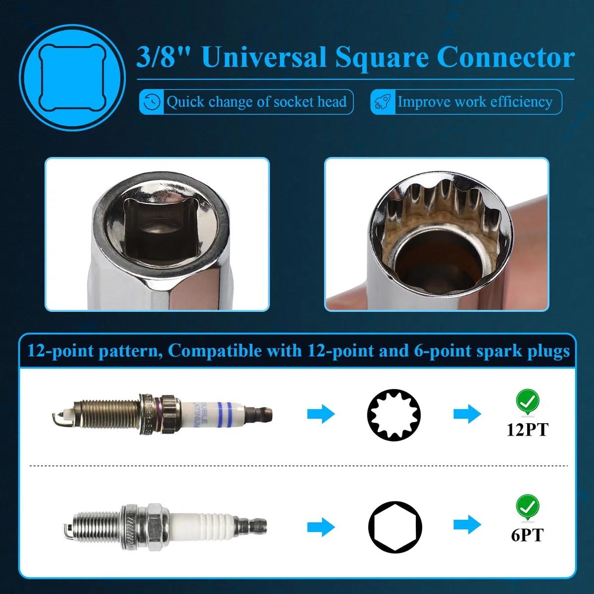 efuturetime Llave Bujias 14/16mm Llave de Bujía Magnética 3/8", 12 Puntos Llave Bujía con Deslizable Mango en T, Combinaciones Flexibles