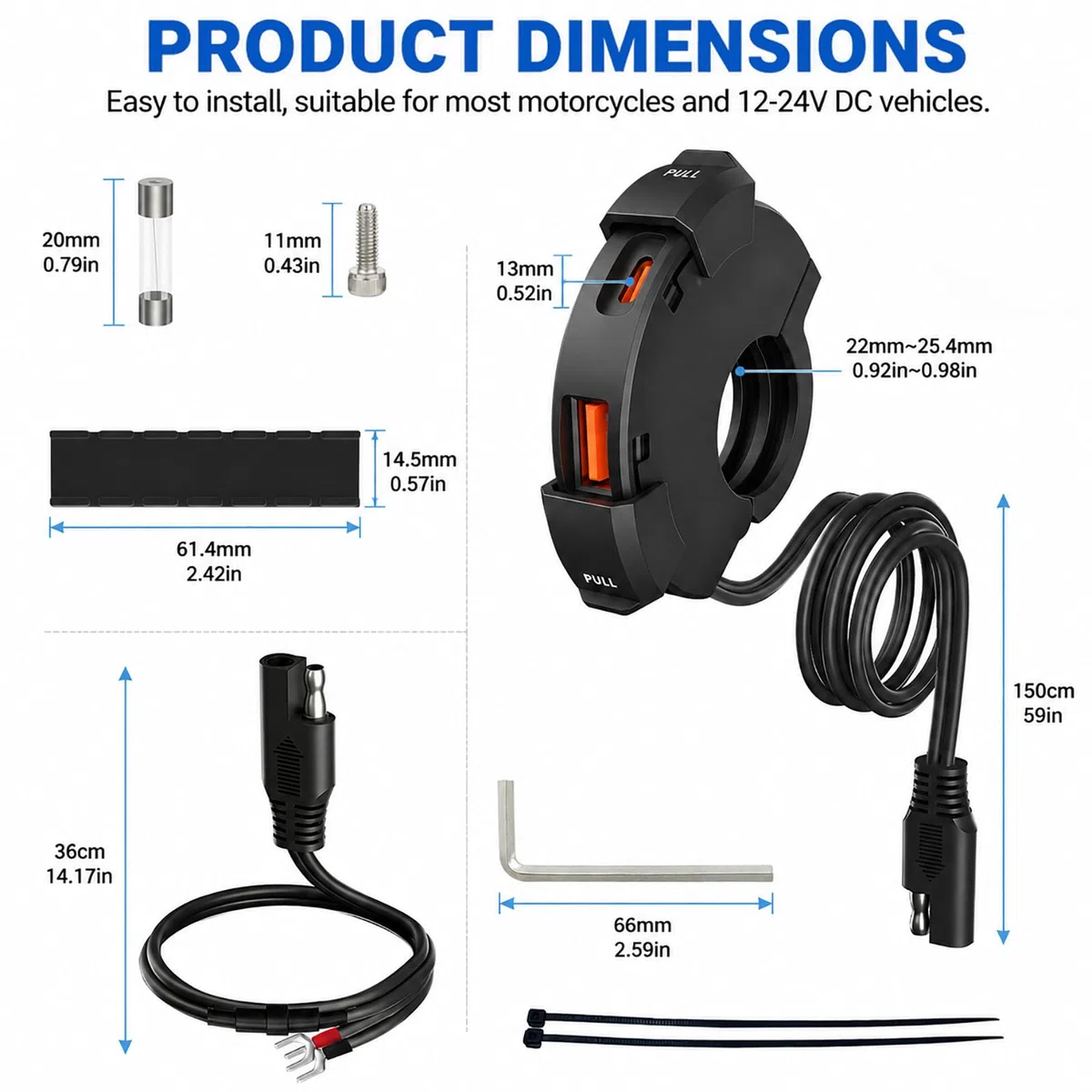 Cargador USB para Moto 48W, 2 Puertos (QC3.0 18W + PD3.0 30W), IP65, Toma USB-C 12-24V – Carga Rápida para Viajes & Aventura/Día a Día/Exteriores – Compatible con Teléfono/GPS/Cámara