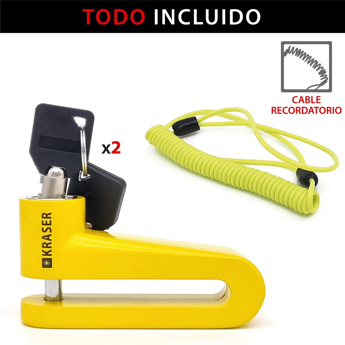 KRASER KR707Y Candado Moto Disco, Amarillo ø7mm Más Disuasorio, Cerradura Anti-taladro, Seguridad Compacta Facil Transporte, Antirrobo Bloqueo Pinza Disco Freno Moto, Bicicleta, Patinete Electrico