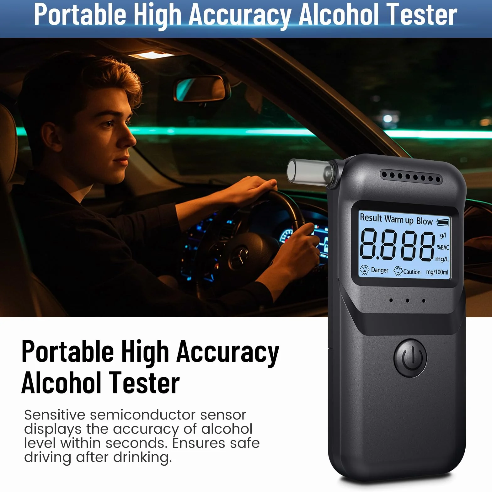 FIVAVA Alcoholimetro Digital Homologado, Alcoholímetro Alcohol Test | Precisión ±0,01% | Portátil LCD Digital | 20 Boquillas Reutilizables | Test Alcoholemia Uso Doméstico/Profesional