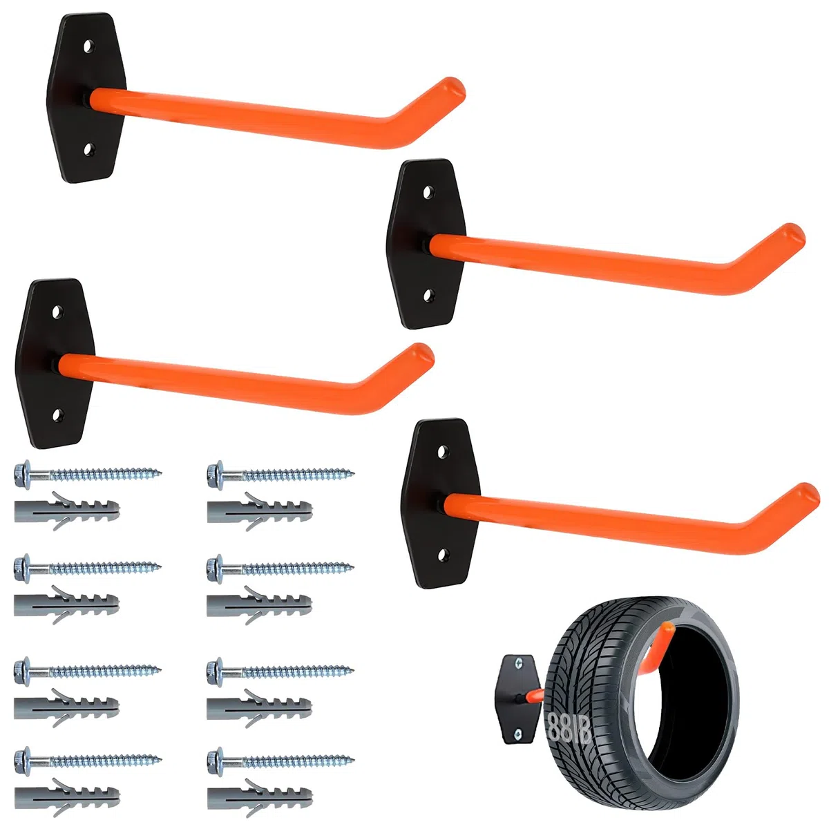 Juego de 4 soportes de pared para neumáticos, soporte para llantas, soporte para neumáticos de coche, soporte para 4 neumáticos, soporte para 4 neumáticos, soporte de pared, incluye