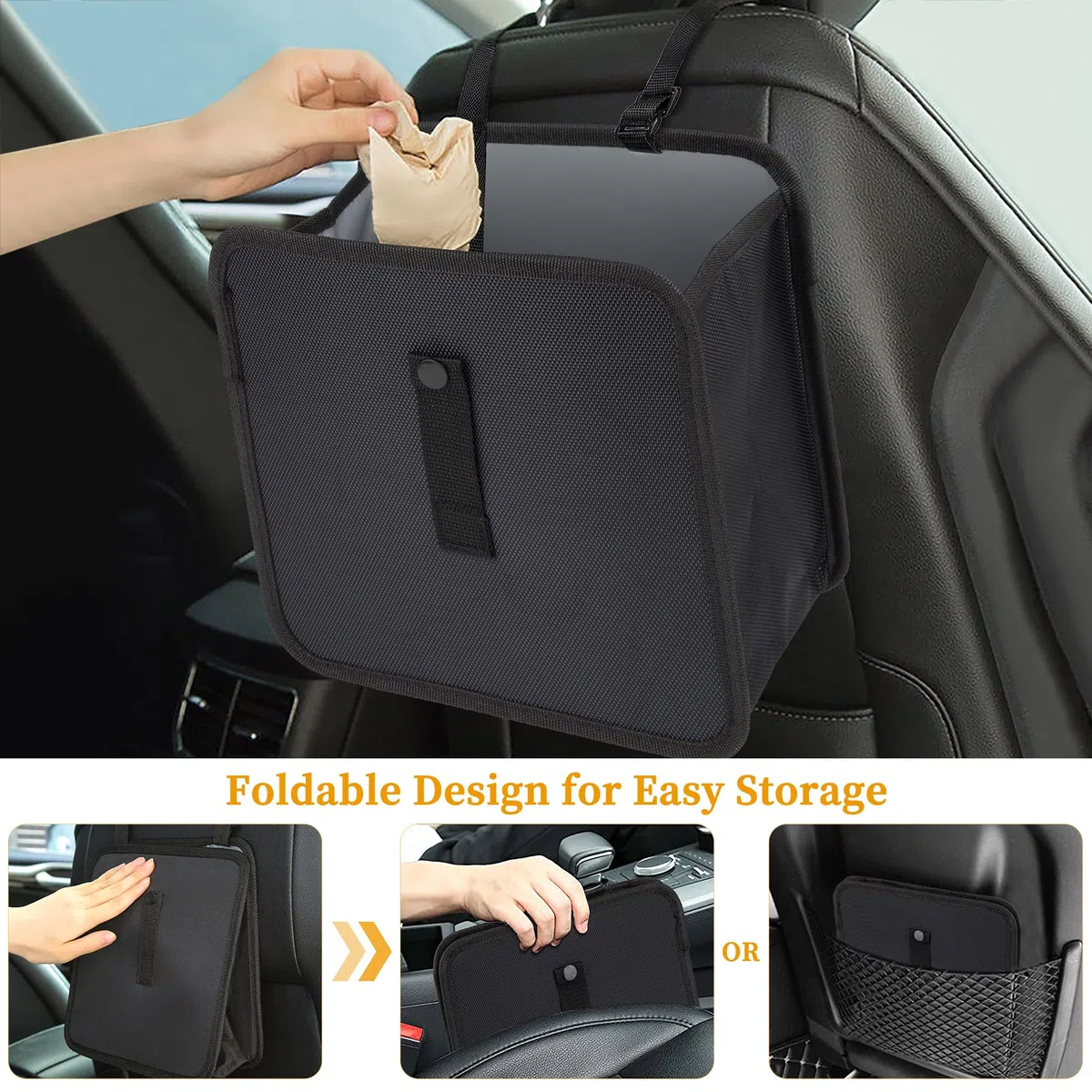 Cubo de Basura para Coche Colgante Contenedor de Basura Plegable Portátil Bolsa de Basura para Coche Impermeable A Prueba de Fugas Basura Caja para Automóvil, SUV, Camión, Minivan 12L (Negro)