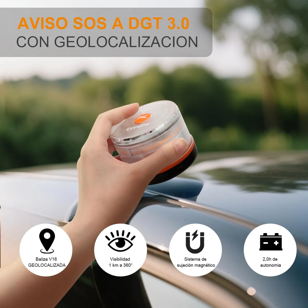 EXTRASTAR Luz de Emergencia V16 Homologada DGT con Geolocalización 3.0 - Aviso Ubicación Coches, Plan de Datos Incluido - Base Imantada IP54 - Cumple Normativa 2026