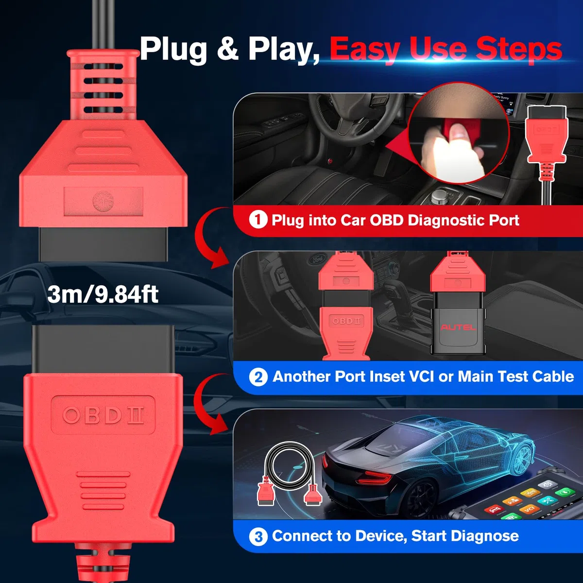 Autel Cable Extensión OBD2 9.8 Pies/ 3M, Cable Extensión Diagnóstico OBDII Macho a Hembra 16 Pines, Adaptador Cable OBD2 para Herramienta Escaneo OBD II Compatible con Todos Vehículos OBD 2