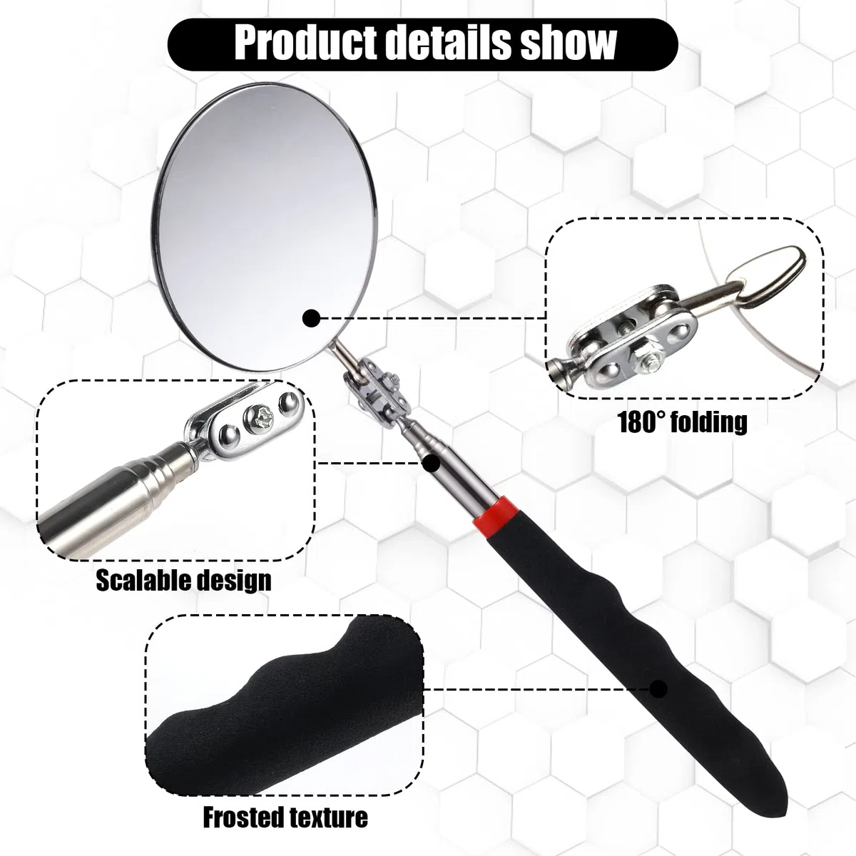 Espejo de Inspección Telescópico, Circular Espejo Telescópico con Mango Extendido Espejos de Inspección de Máquina Herramienta para Comprobar el Estado del Vehículo (Mango de 26~75cm)