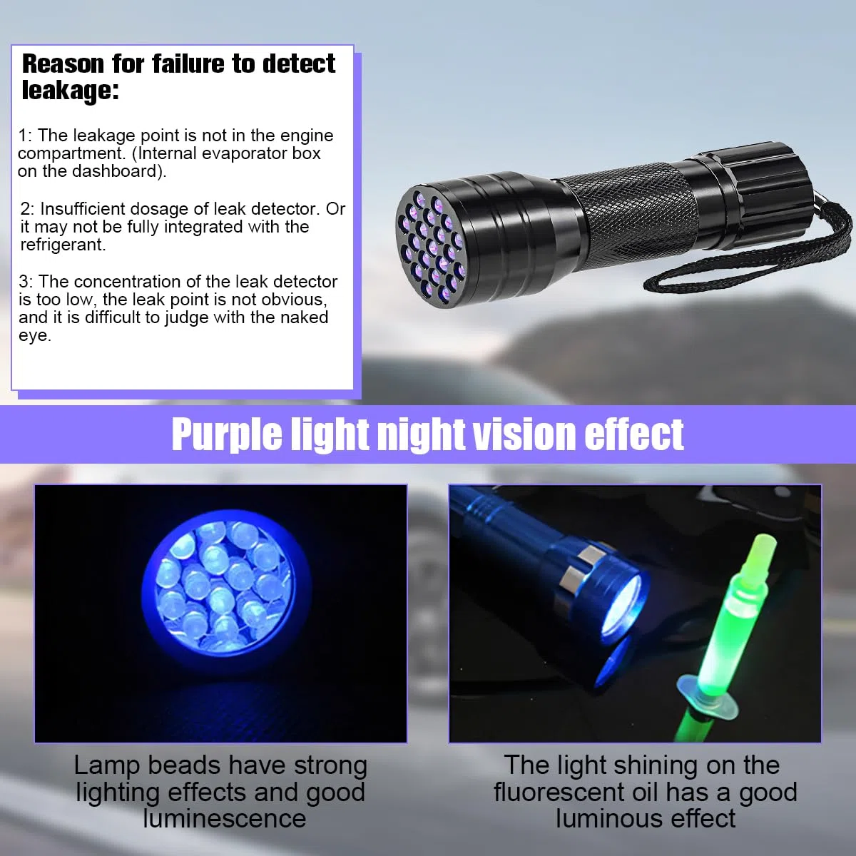 Herramienta de detección de fugas de aire acondicionado para automóvil, kit de detección de fugas de tinte de aceite UV con lentes protectores de linterna, detector de fugas de CA automotriz