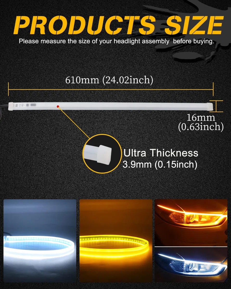 QasimLed 2-Pack 60cm Coches blancos y amarillos DRL LED Luces de día Luces de giro de flujo automático Tira guía de faros Conjunto de faros delanteros a prueba de agua