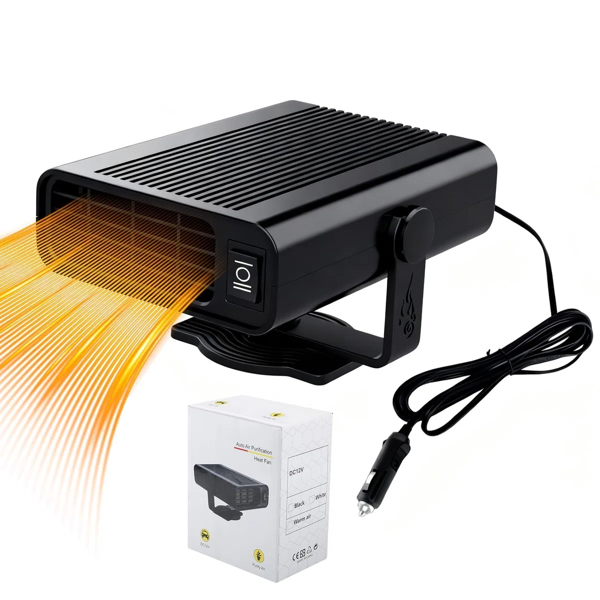 Calefactor 12V Coche 120w 2 en 1 Calentador y Ventilador Portátil con Soporte Giratorio 360°, Desempañador y Descongelador Rápido para Parabrisas, Adecuado para Coche SUV Camión