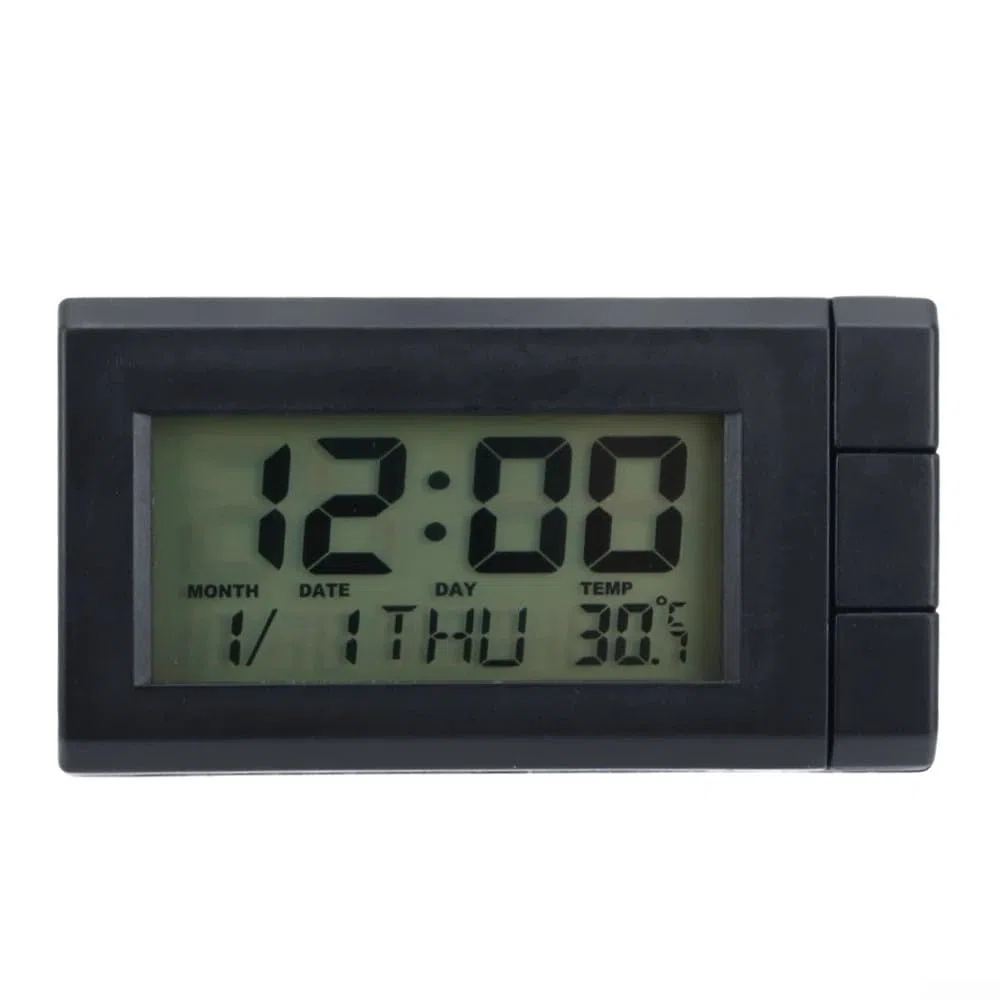 Yhenlovtt Reloj de pantalla digital LCD para coche con calendario y termómetro, soporte ABS para salpicadero, fecha y función para vehículos
