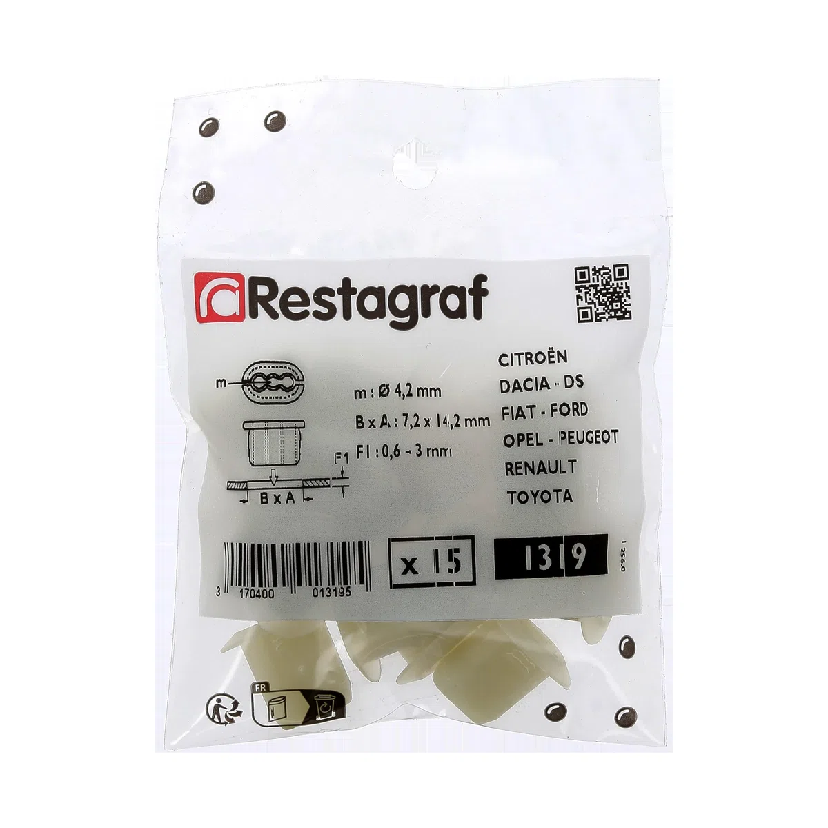 Tuerca de plástico para vehículos Renault/Peugeot/Citroen/Nissan/Opel/PSA, 4,2 mm, diámetro de tornillo, 7,2 x 14,2 mm, sello de 15, natural