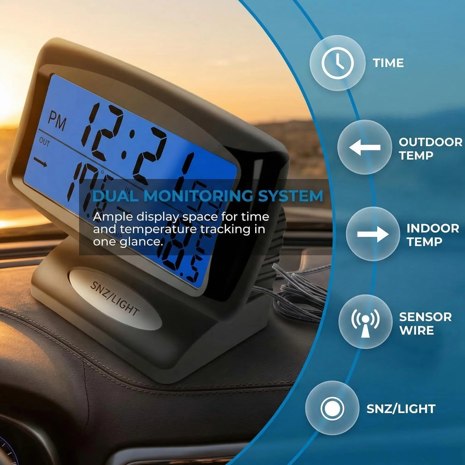 Termometro Coche Ruspela Termómetro de coche Reloj despertador digital para vehículos con luz de fondo termometro interior