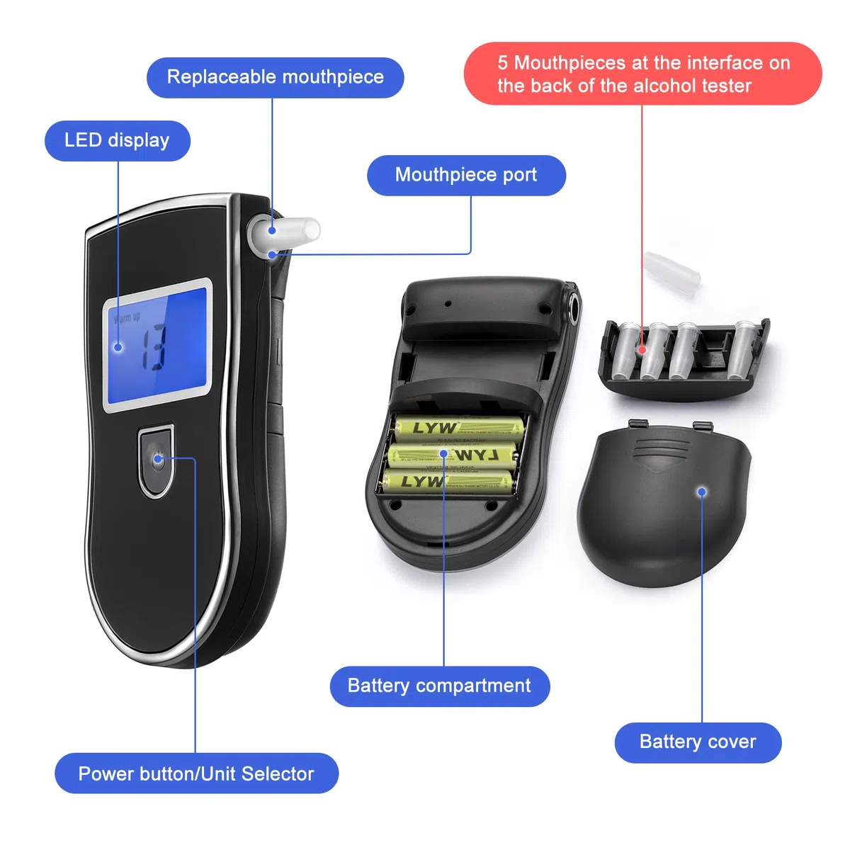 Alcoholimetro Digital Homologado, Profesional Portátil de Alcohol con Pantalla LCD, Semi-Conductor de la Tecnología de Sensor, 20 Boquillas, 3 baterías AAA