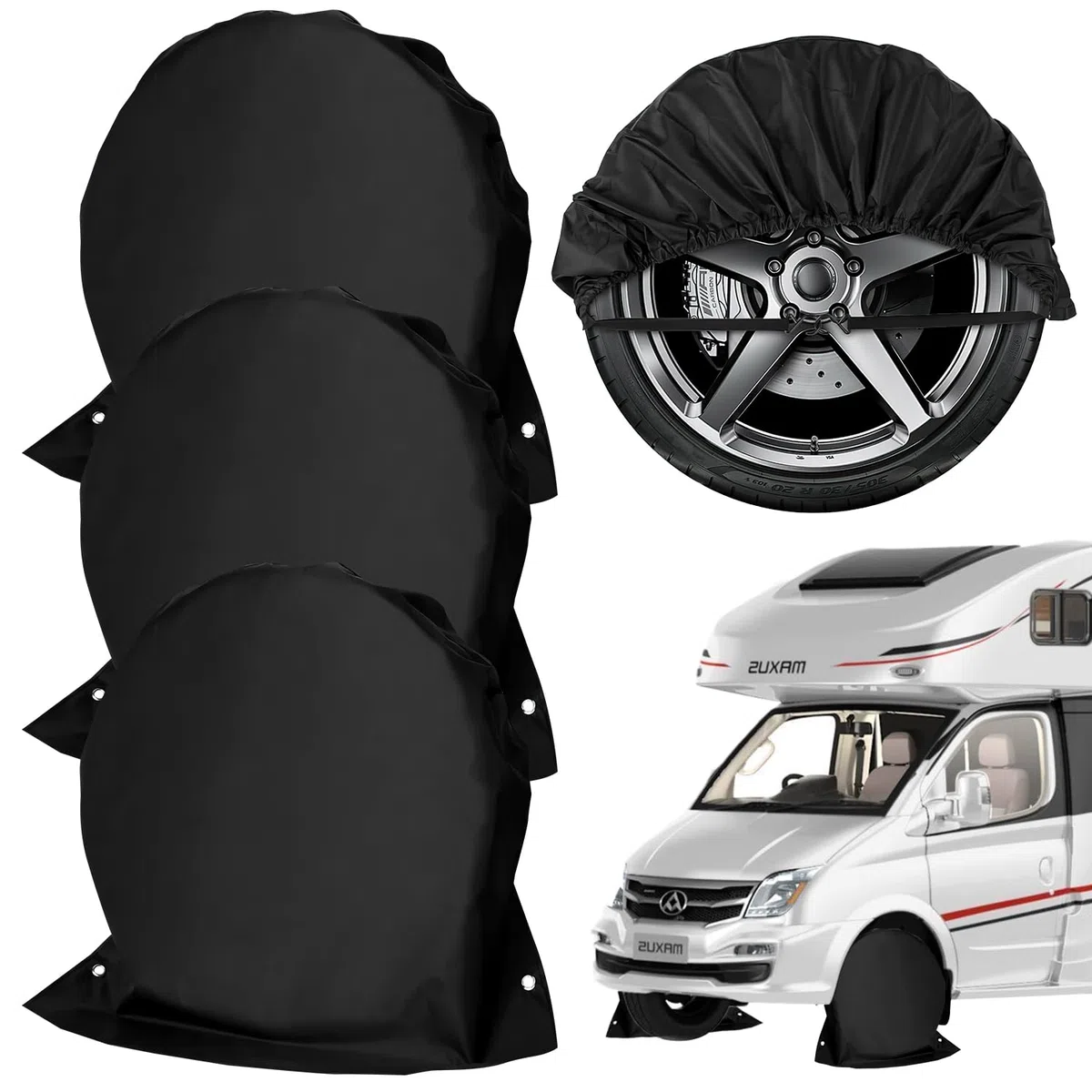 Funda de Rueda 4PCS Funda Protectora para Neumáticos Ruedas de Caravana con 2 Ojales para Caravanas Autocaravanas Caravanas Coches Antiguos de hasta (Negro-4PCS)