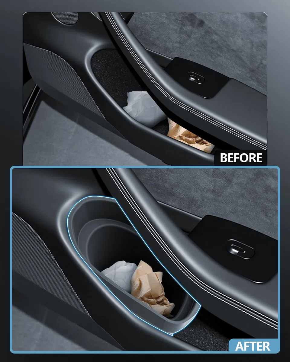 SKTU 1 cubo de basura para Tesla Model Y Juniper, caja de almacenamiento de silicona para Tesla 3 Highland 2020-2025, cesta para almacenamiento de ranuras de puerta, contenedor de residuos para Tesla