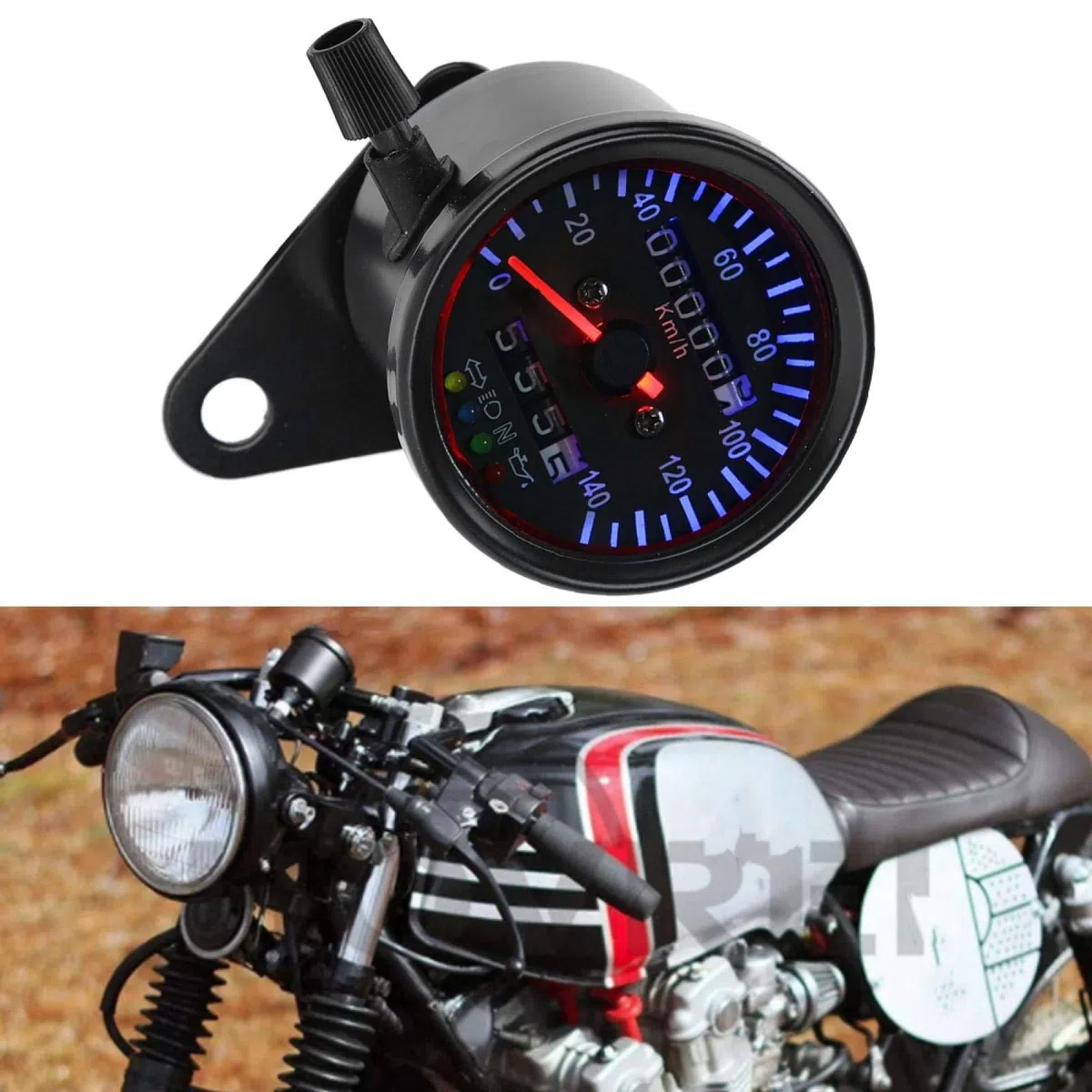 KIMISS Cuentakilómetros LED para moto, universal para café racer, velocímetro de 12 V con doble escala, kit de iluminación trasera, medidor de velocidad