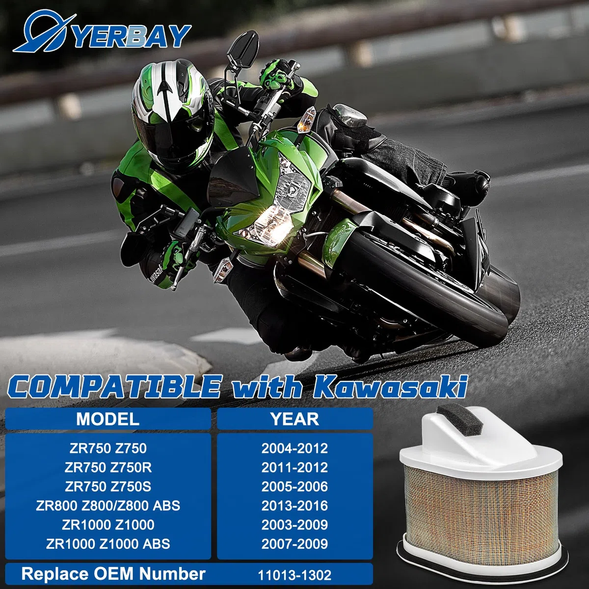 Filtro de aire para Kawasaki ZR750 Z750 2004-2012/ ZR750 Z750R 2011-2012 / ZR800 Z800 2013-2016/ ZR1000 Z1000 2003-2009/ ZR750 Z750S 2005-2009