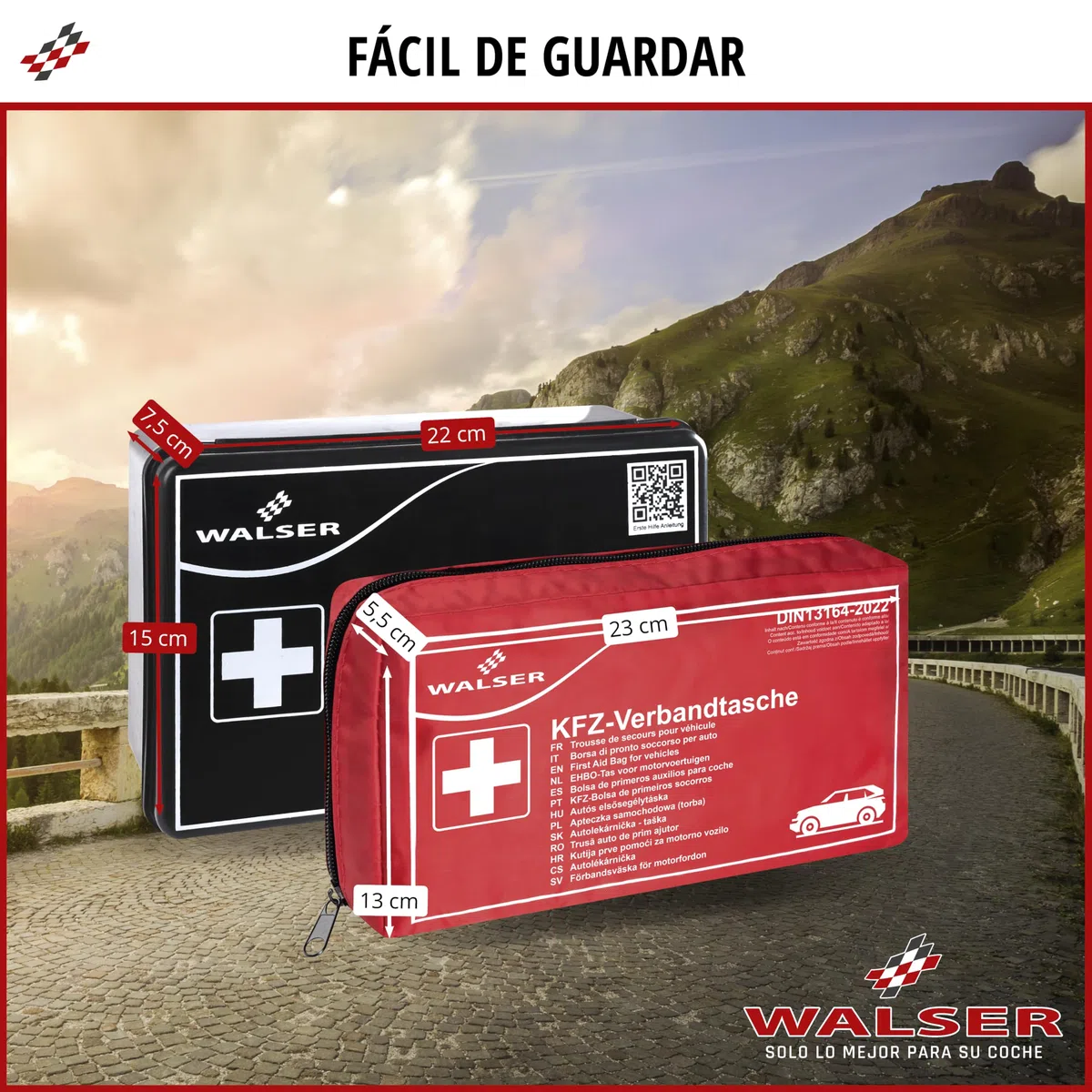WALSER Bolsa de primeros auxilios para coche 2026, kit de primeros auxilios, bolsa de primeros auxilios DIN 13164:2022, kit de primeros auxilios rojo 44283