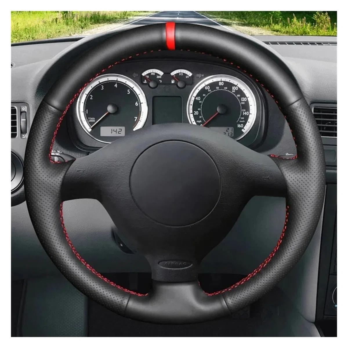 Funda Volante Coche Para Seat Para Leon MK1 (1M) 1998-2005 Para Skoda Para Fabia RS 2003 Para Fabia 1 (6Y) 2004-2005 Protector cuero artificial negro para volante coche Cubierta de Volante(Red Thread)