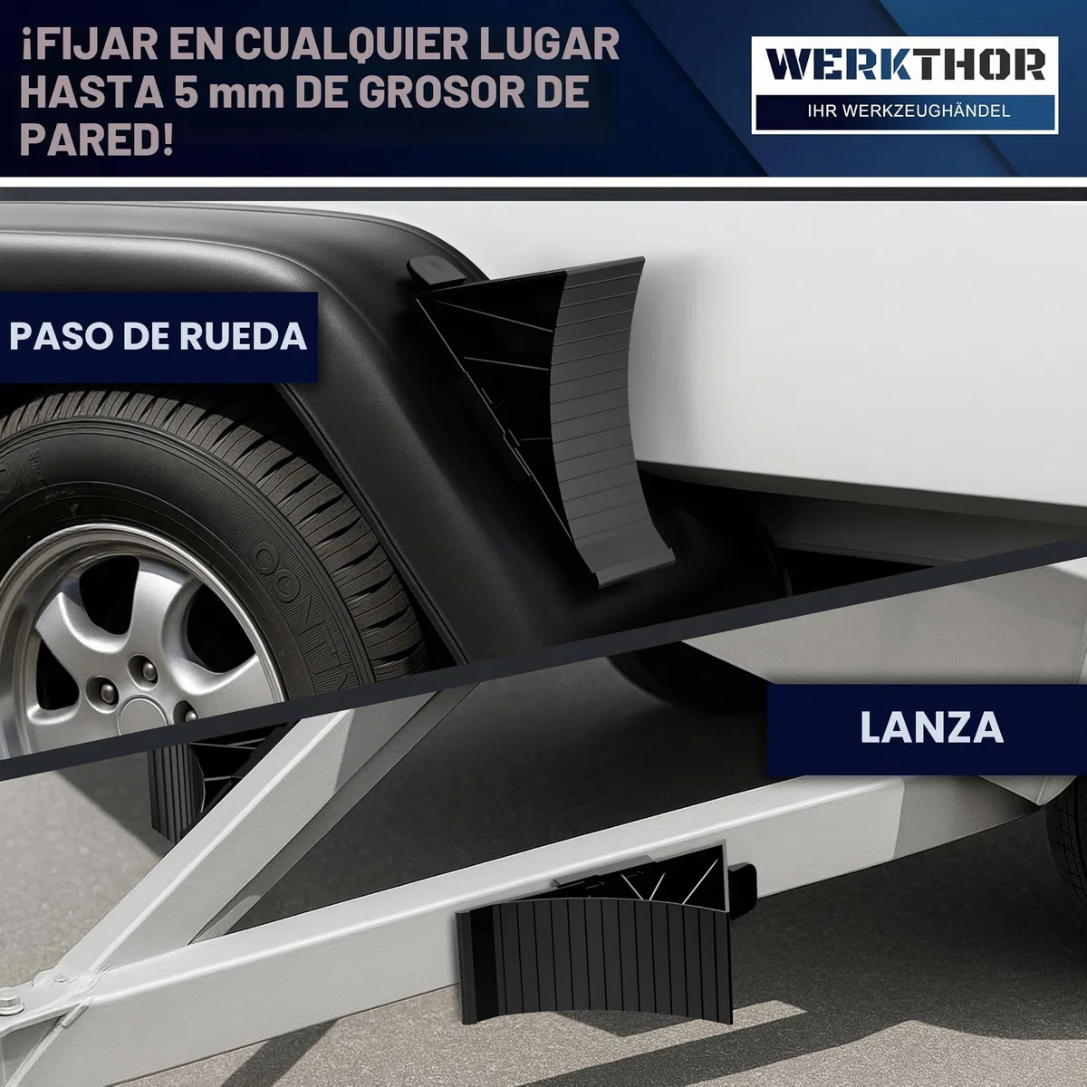 WERKTHOR Calzos de Rueda con Soporte [Juego de 2] y Material de Fijación - Calzos de Rueda para Remolques de hasta 1600kg de Carga por Eje - Cuñas Accesorios para Remolques de Coches (Montables)