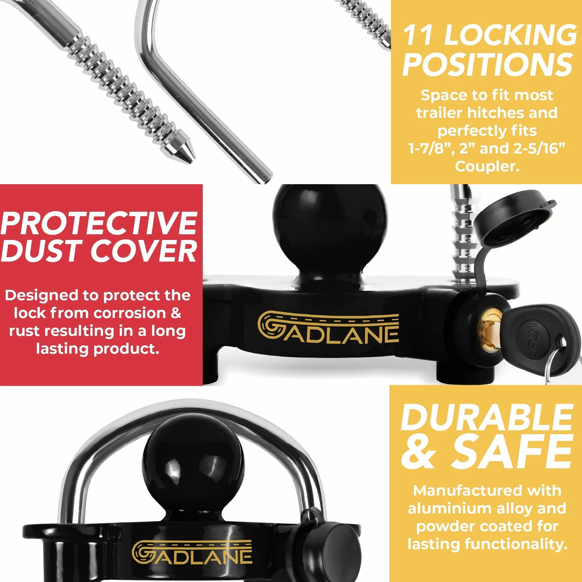 GADLANE Cerradura de enganche de remolque – Robusta cerradura de enganche para caravana con 6 posiciones de bloqueo para una fácil instalación, hecho de aluminio resistente – Kit de seguridad para