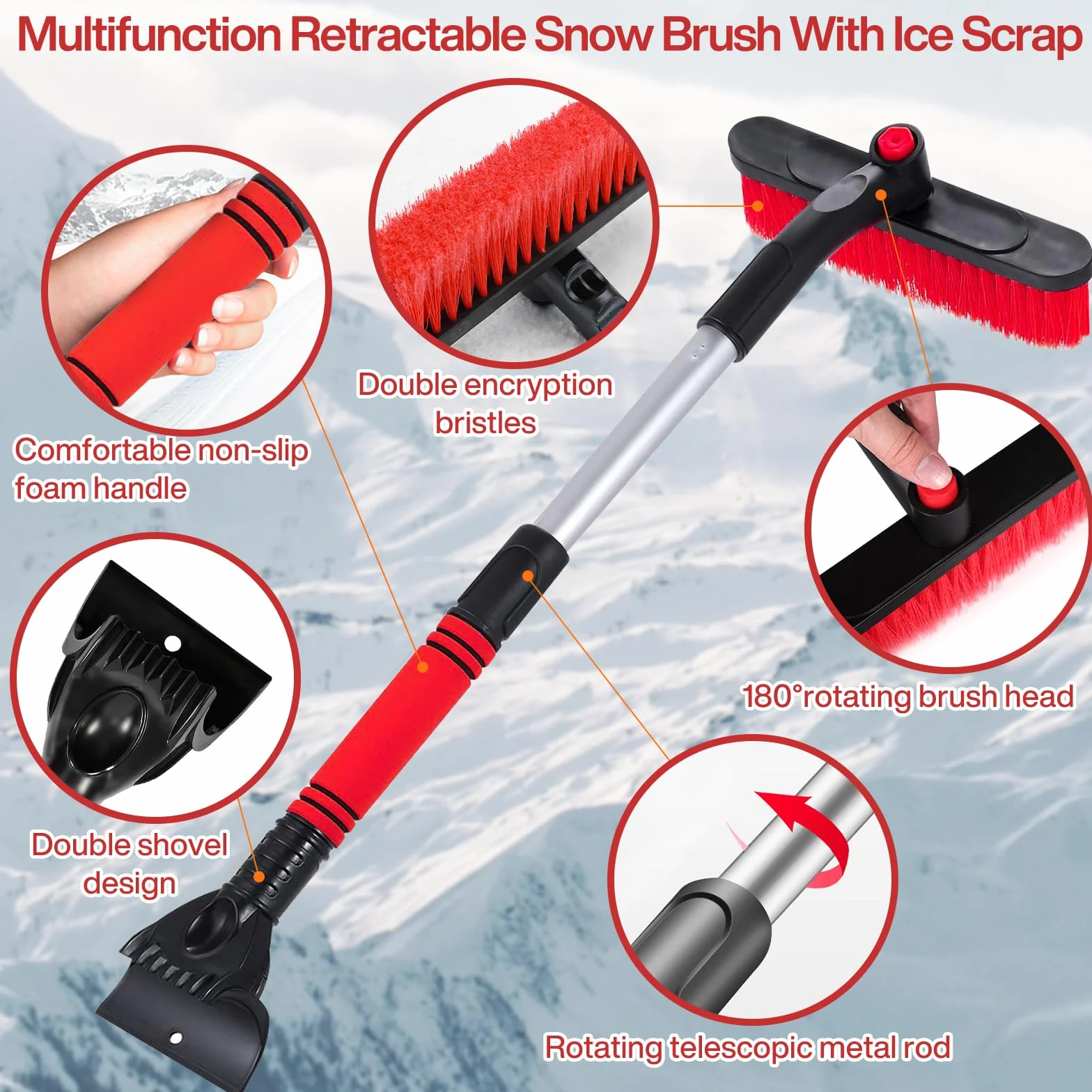 Rascador de Hielo para Coche con Escoba, 73cm Raspador de Nieve Retráctil y Desmontable, con Cabeza Giratoria 360 Grados, Rascador Hielo Parabrisas Coche para Coche Camión SUV