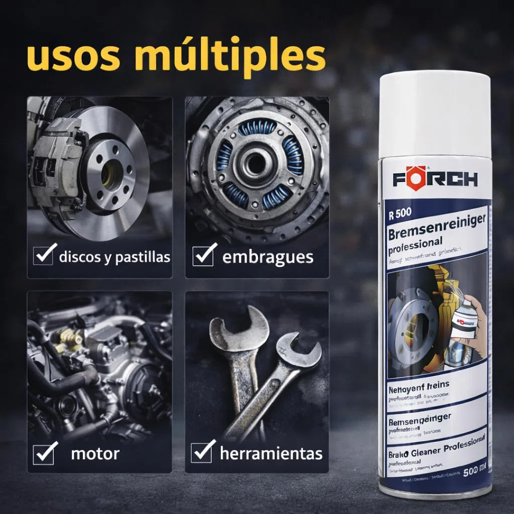 FORCH Limpia Frenos Profesional en Spray – R500 500 ml – Desengrasante Potente, Secado Rápido, Sin Residuos para Discos, Pastillas y Componentes Mecánicos (4)