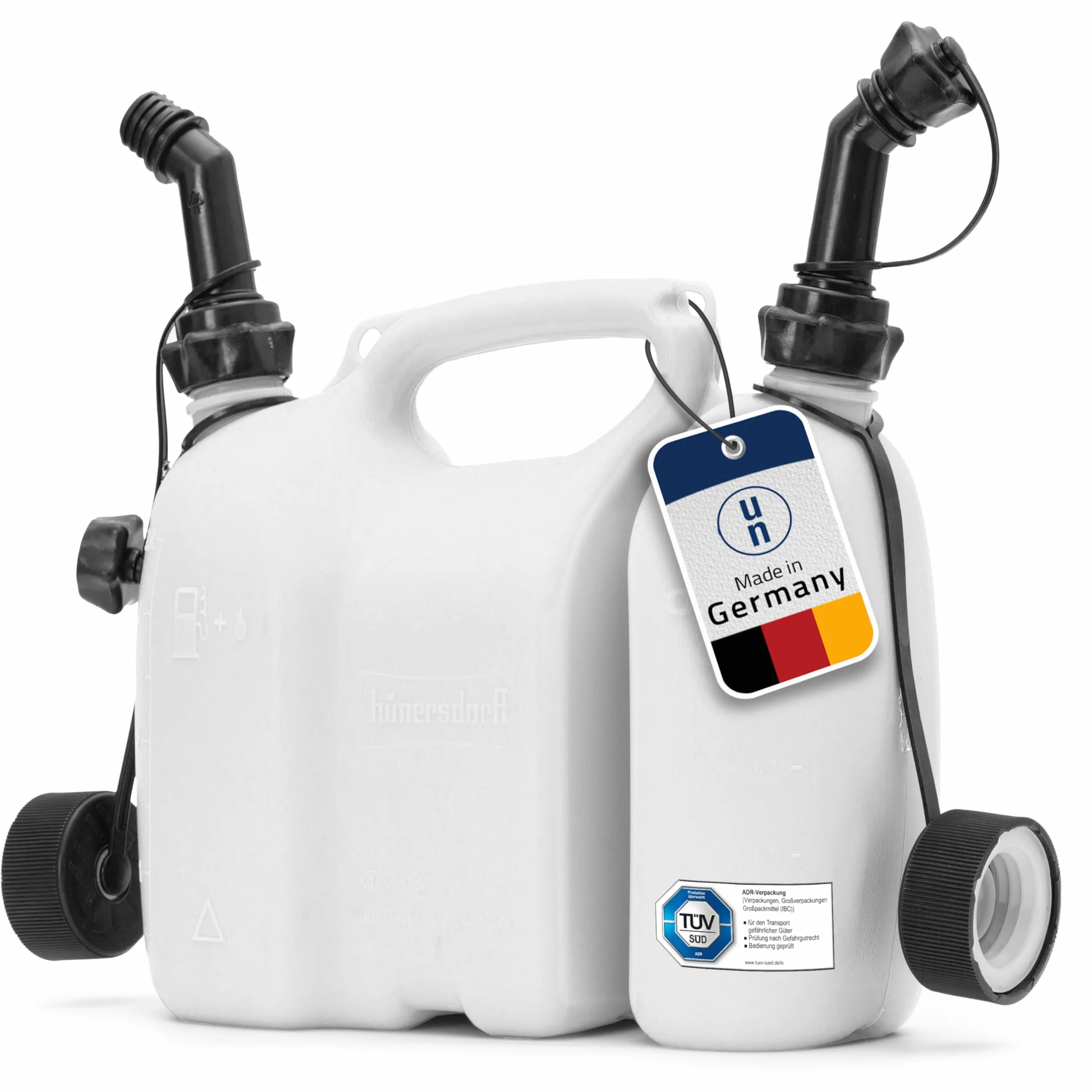 hünersdorff bidón doble/bidón combinado para combustible y aceite con 2 tubos de salida, 3 + 1,5 litros, homologación ONU, Made in Germany