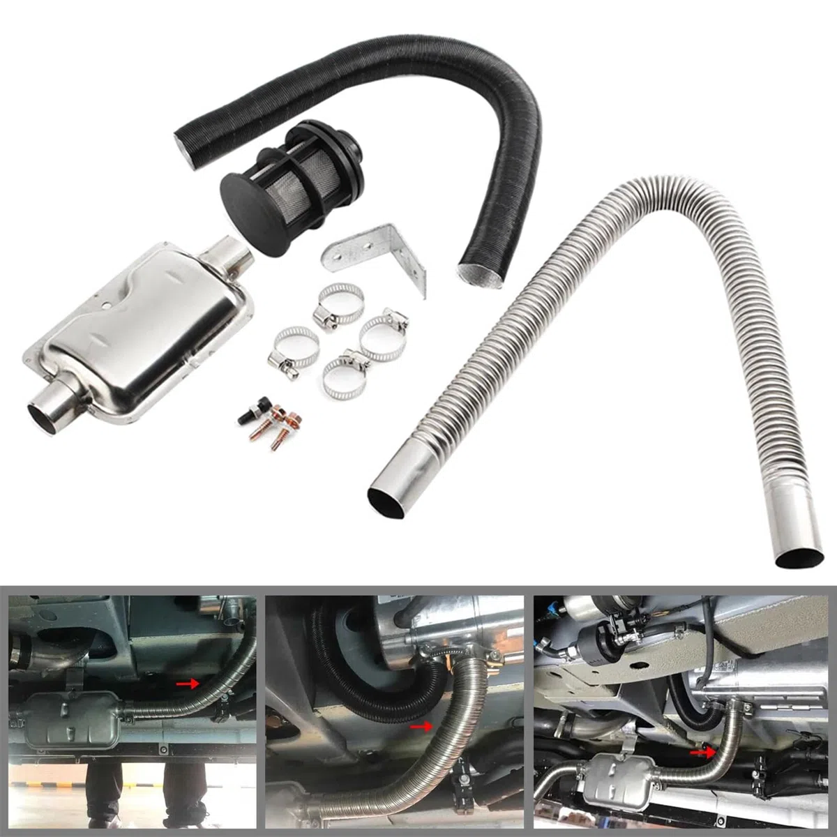 Kit de reparación de calefacción diesel tubo de escape de 60 cm + silenciador de escape de 24 mm + juego de filtros de aire de 25 mm para calefacción diésel de aire de repuesto
