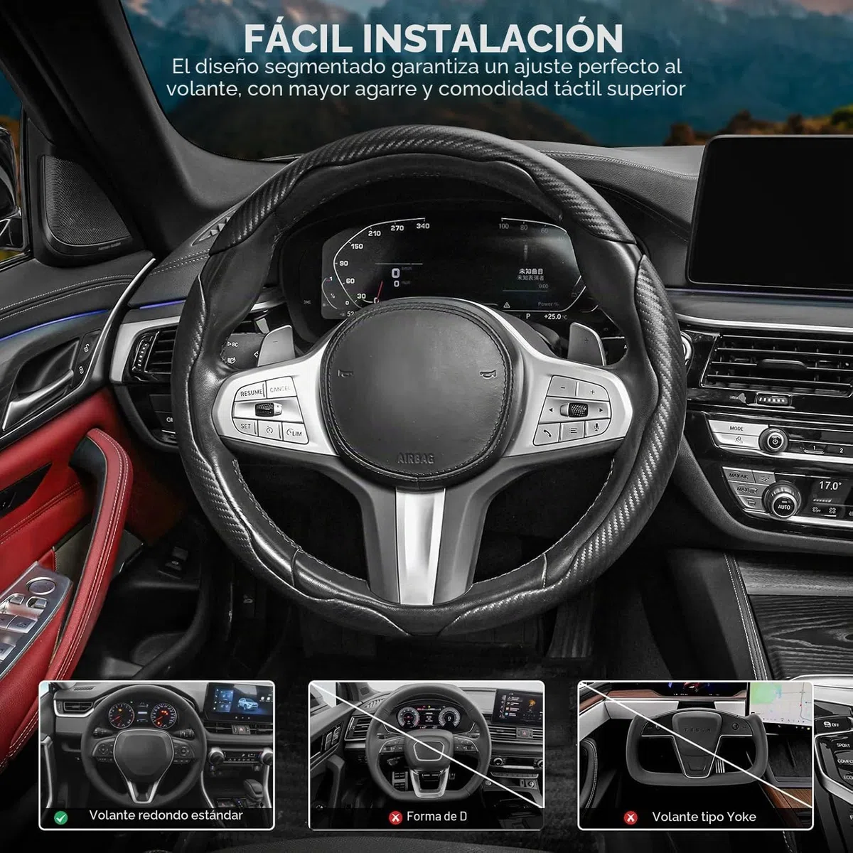 EINESIN Funda Volante Fibra Carbono 3 Unidades - Antideslizante, Diseño Mariposa Segmentado - Universal Protector Volante para 99% Coches