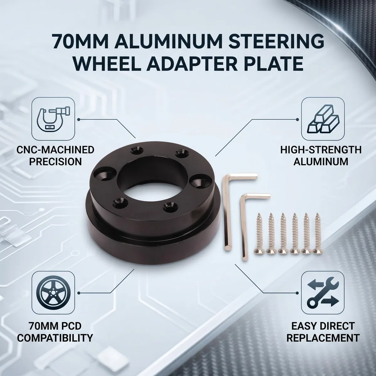 Adaptador cubo volante 70mm, ligero y resistente, Adaptador volante aluminio para simuladores conducción y juegos racing