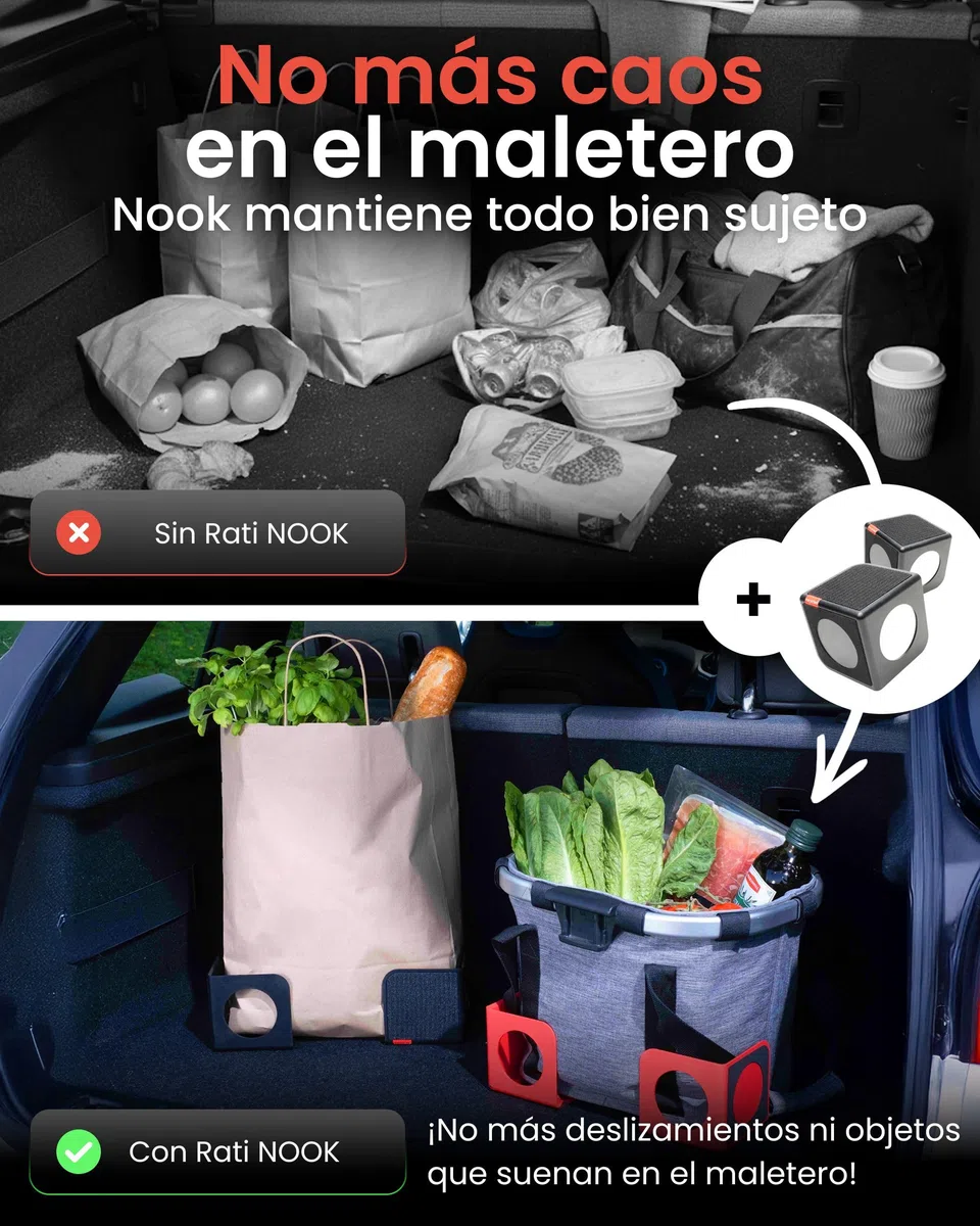 rati NOOK - Fijación de equipaje para el maletero I con velcro y almohadillas antideslizantes I Ayudante de ordenación I Ayuda de carga I Organizador I 2 pz – Negro reciclado