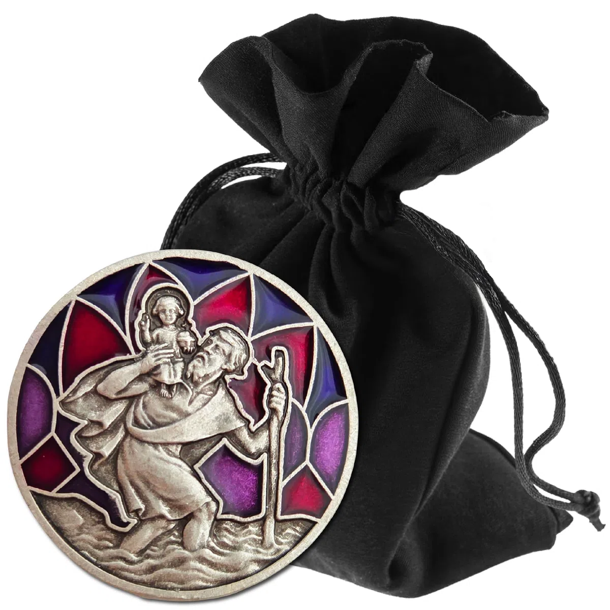 Placa de Coche de San Cristóbal Morado - Bendecido con Certificado - Incluye Bolsa de Terciopelo - Imán y Tiras Adhesivas - Amuleto de la Suerte Conductor patrón Viajero - Regalo Cristiano