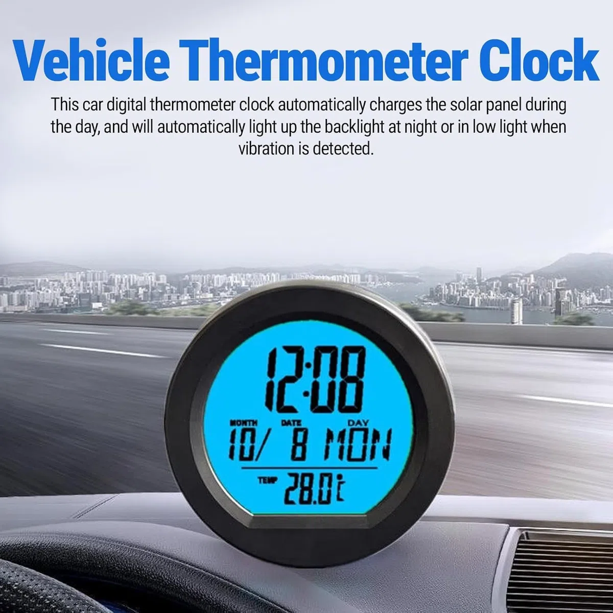 Digital Reloj Termómetro Para Coche, Reloj Digital Para Salpicadero De Coche Con Termómetro Y Calendario, Energía Solar Redondo Reloj Pantalla Tiempo/Fecha/Temperatura Para Coches Universales