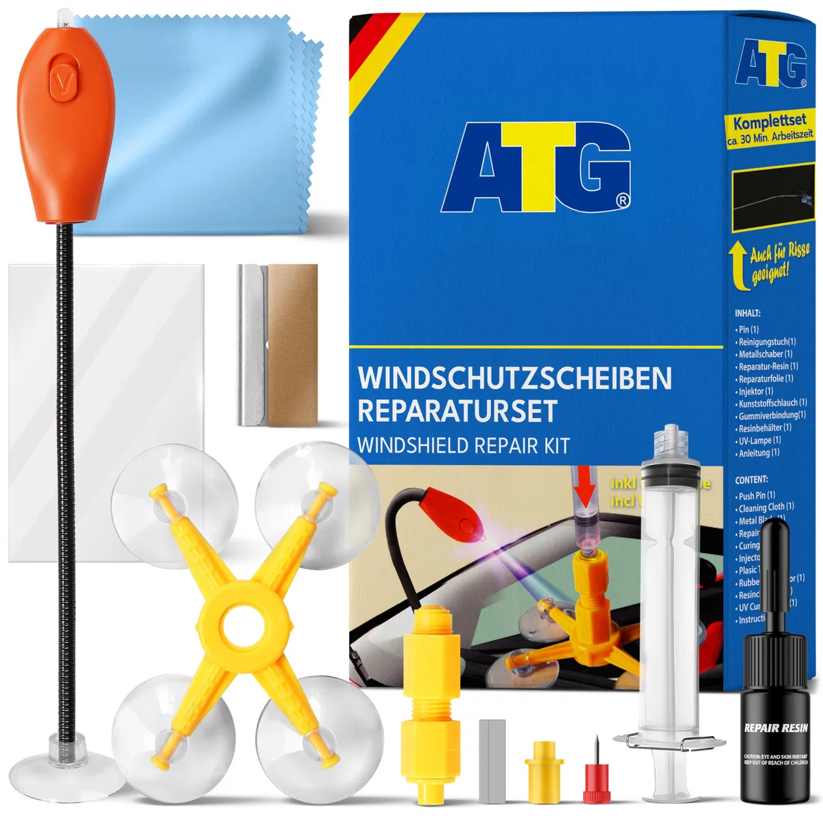 ATG® Kit de reparación de Parabrisas de Coche con lámpara UV - Kit de reparación de Parabrisas de Coche - Reparador Cristal Coche - Liquido reparador de Cristales Coche Reparación del Parabrisas