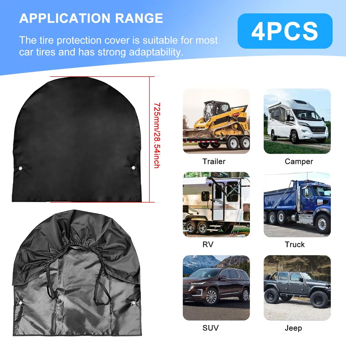 Funda de Rueda 4PCS Funda Protectora para Neumáticos Ruedas de Caravana con 2 Ojales para Caravanas Autocaravanas Caravanas Coches Antiguos de hasta (Negro-4PCS)