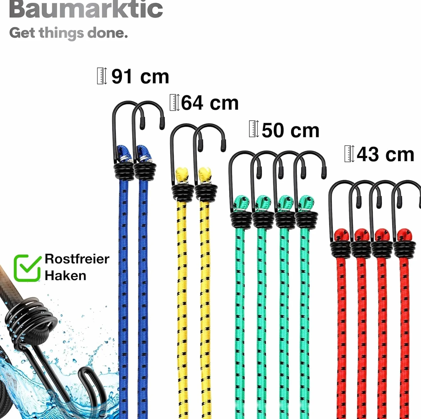 30x Expander - Cuerdas de goma en longitudes coloridas - para motocicleta, muebles, automóvil - gancho extra fuerte - tensor de equipaje