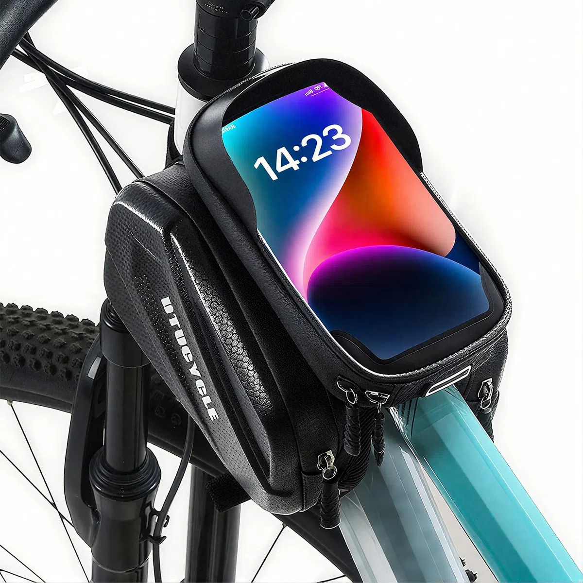 Bolsa Móvil para Cuadro de Bicicleta, Bolsa Bicicleta Cuadro 2L Soporte Movil Ciclismo con Pantalla Táctil TPU para Smartphone de hasta 7'' para Bicicletas de Montaña y Carretera, E-Bike