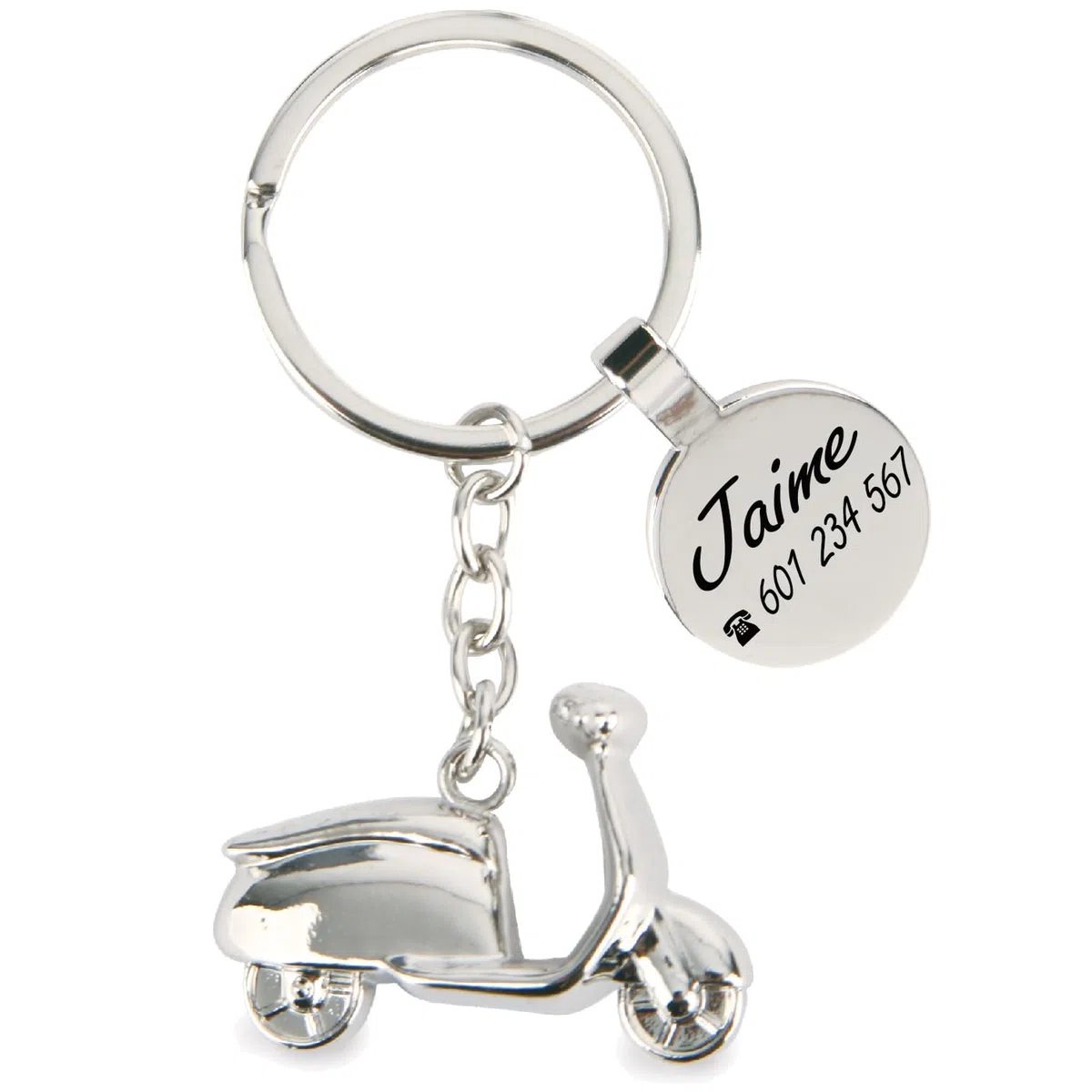 Llavero Personalizado Moto Scooter/Vespa Con Grabado Láser • Llavero Con Nombre Y Mensaje • Regalo Original Para Amantes De La Moto, Pareja, Hombre, Mujer (Scooter/Plateado)