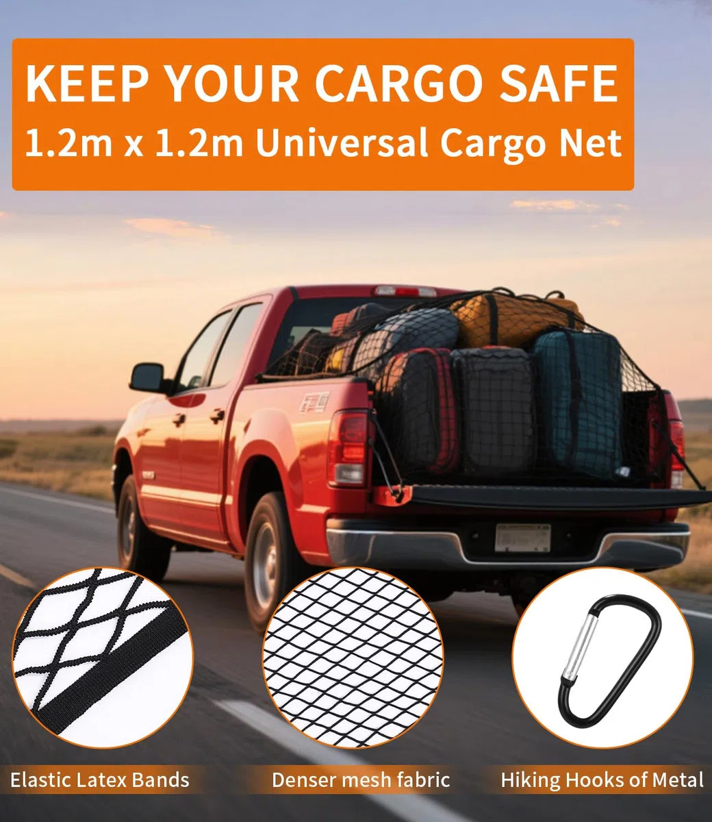 Red de Carga para camioneta, Red Maletero de Coche, Almacenamiento Red se Extiende hasta 120x120CM, con 6 Mosquetones, el Borde elástico sujeta Las Cargas con Mayor firmeza