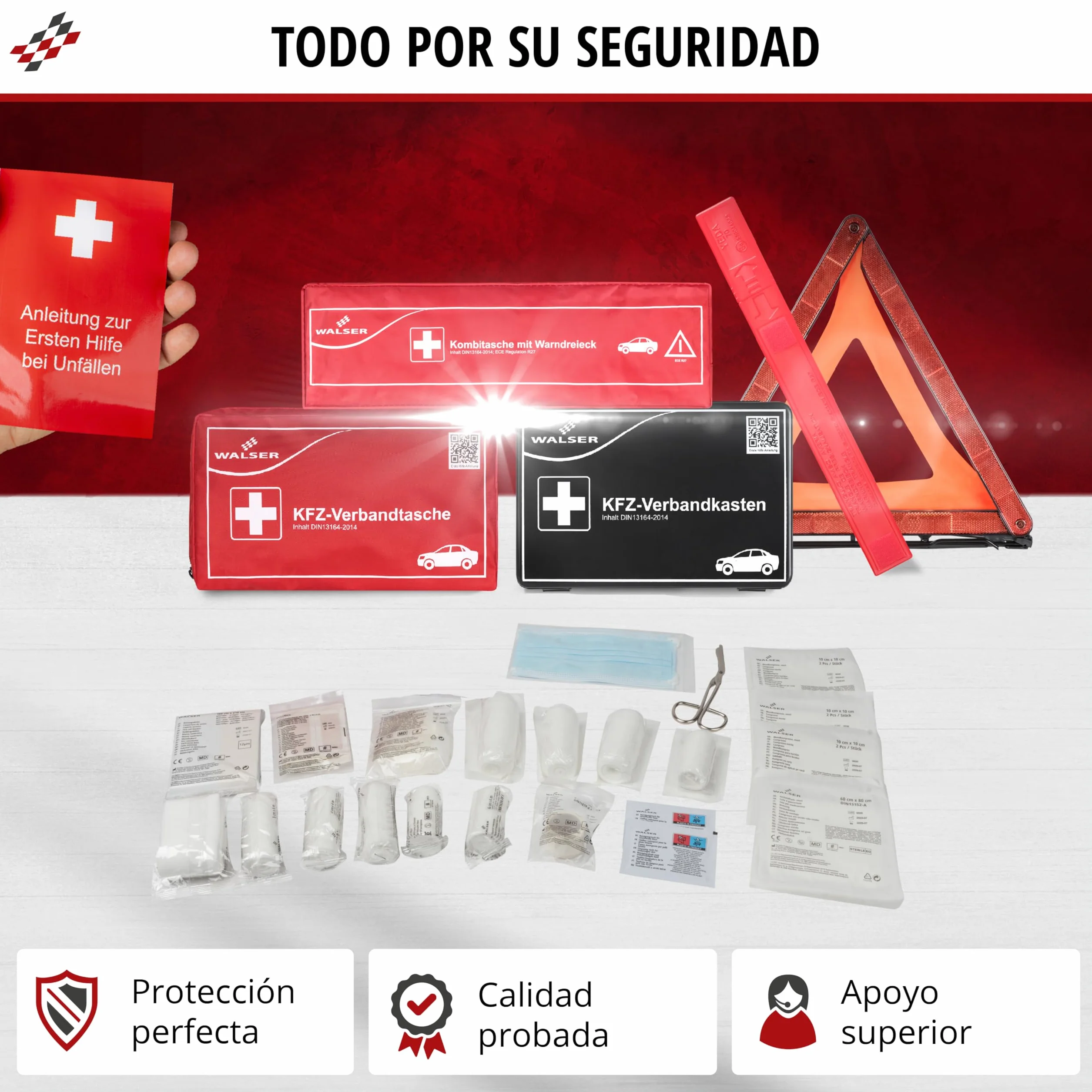 WALSER Bolsa de primeros auxilios para coche 2026, kit de primeros auxilios, bolsa de primeros auxilios DIN 13164:2022, kit de primeros auxilios rojo 44283