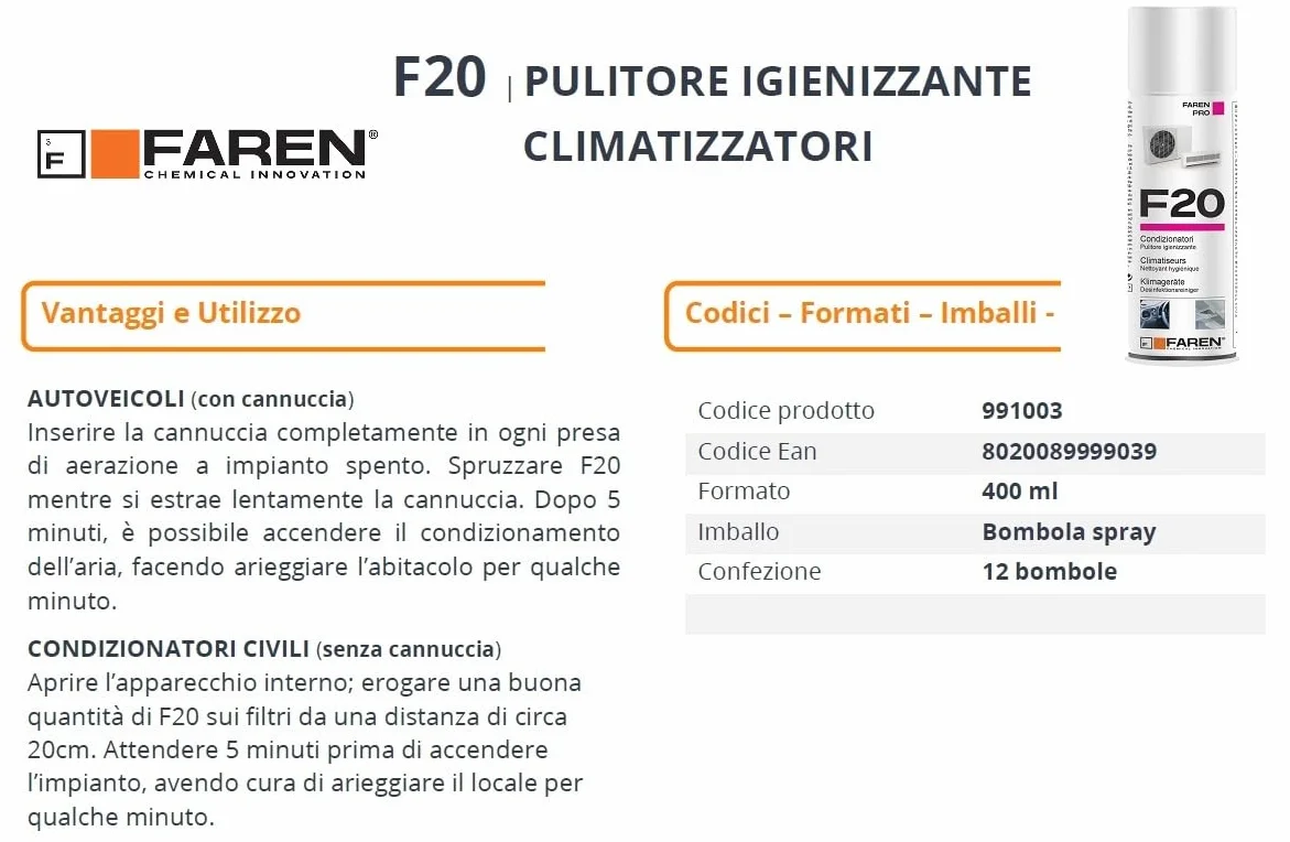 Faren F20 - Higienizante en spray para climatizadores de casa y coche, agradablemente perfumado a base alcohólica, 400 ml