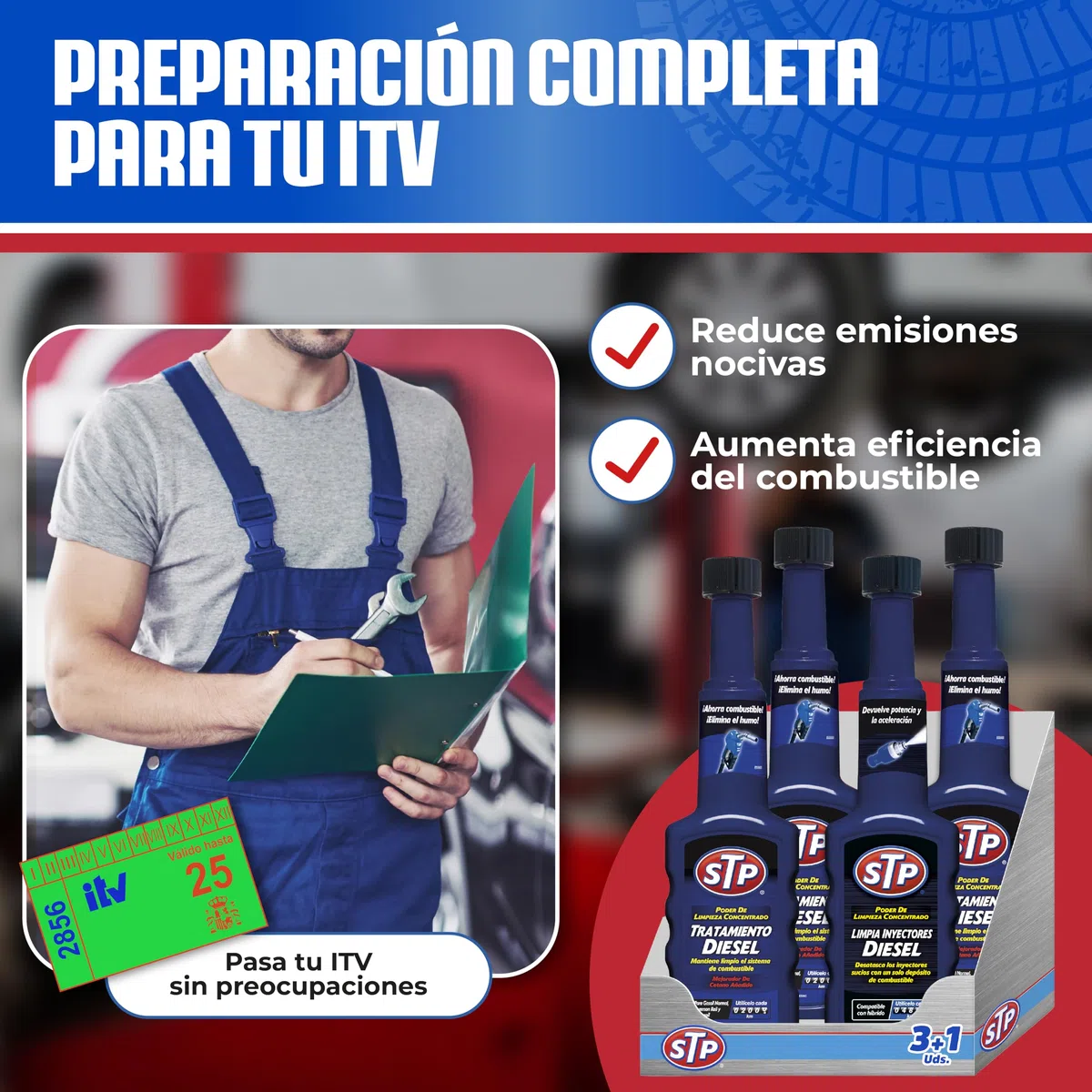 STP Limpia Inyectores Diesel + 3 Tratamientos - PACK DE 3+1 PRE ITV DIESEL 1 HORA - Reduce emisiones, ahorra combustible y mejora el rendimiento, 4X200 ml, El embalaje puede variar