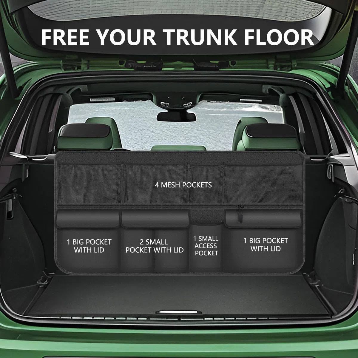 Romon Organizador de Maletero - Organizador de Maletero con Adhesivo de Doble Cara para Arañazos, Plegable, Impermeable, Resistente a la Suciedad con 9 bolsillos, 105x51 Cm, para SUV, Negro