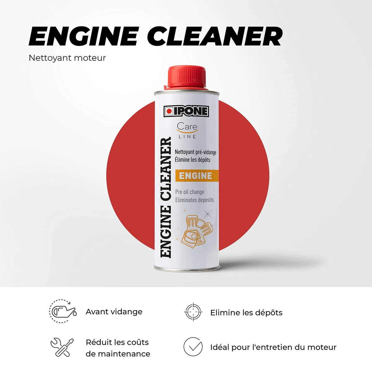IPONE - Limpiador Motor Moto Antes del Cambio de Aceite Engine Cleaner - 300 ml - Elimina los sedimentos - Reduce los Costes de Mantenimiento