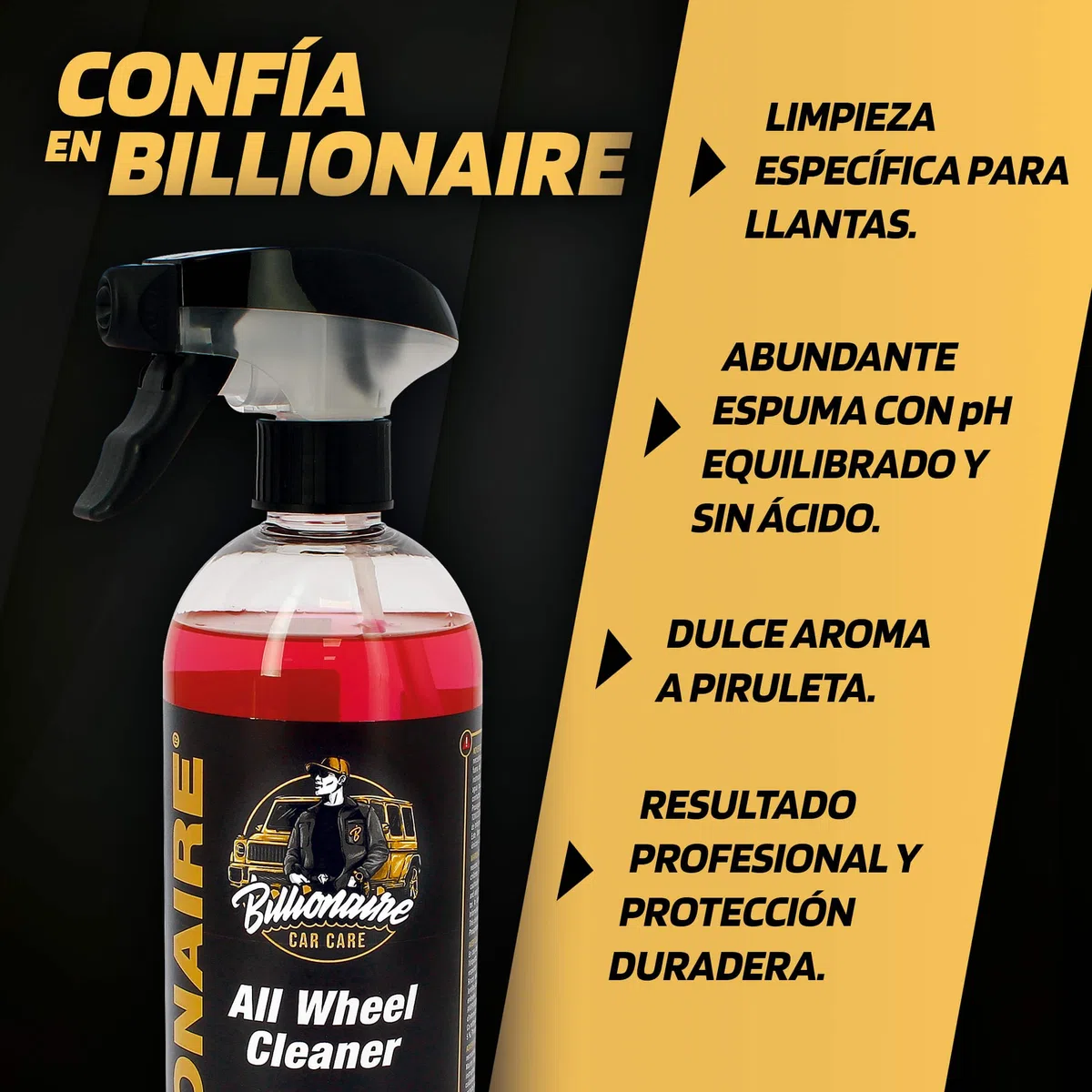 S SUMEX Billionaire All Wheel Cleaner Spray Limpia Llantas para Coche y Moto Descontaminante Elimina la Suciedad Incrustrada Fácil Aplicación Aroma a Piruleta 750ml