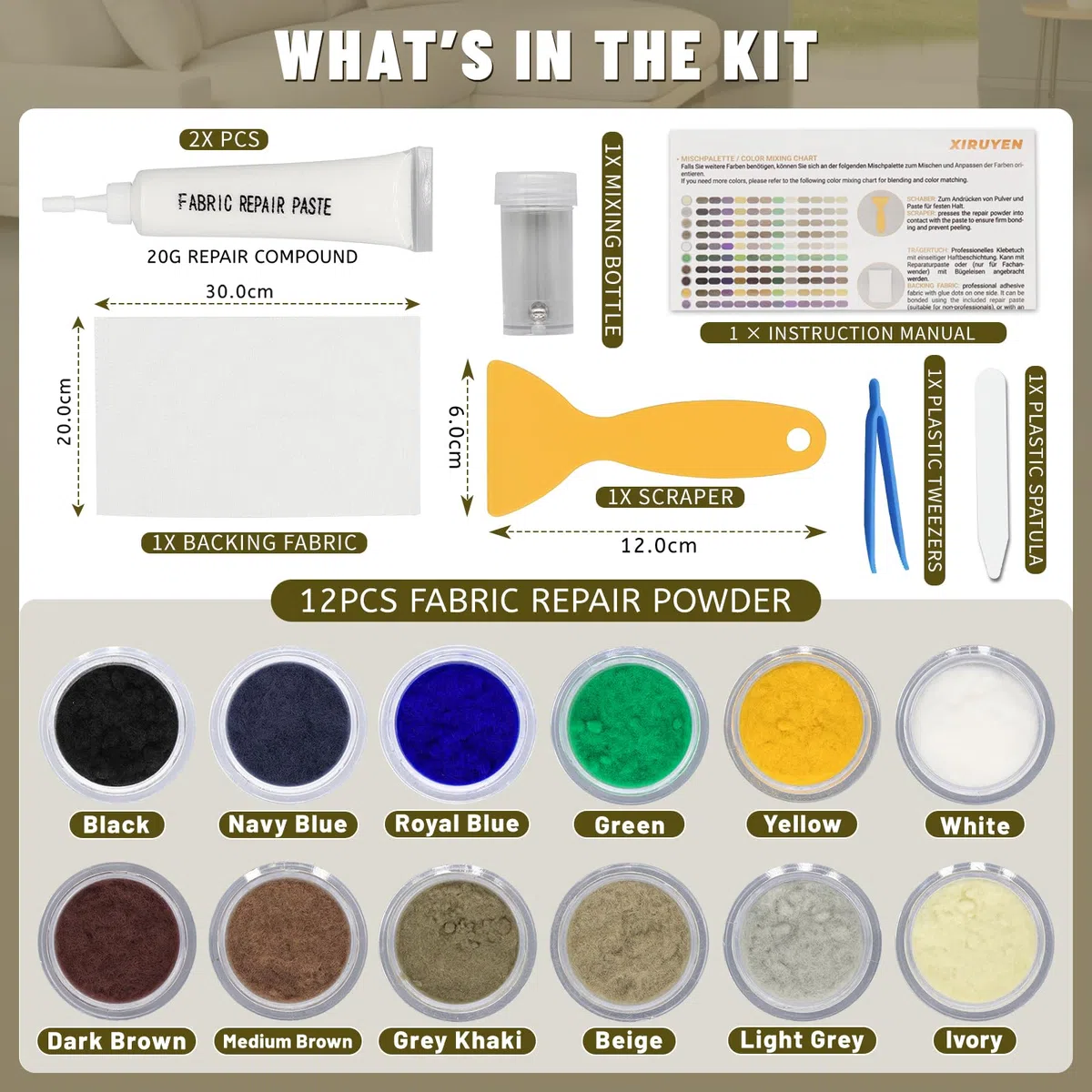 Kit de Reparación de 12 Colores para Reparar Quemaduras, Desgarros, Agujeros e Hilos Sueltos en Alfombras, Asientos de Coche y Ropa, Parches para Asientos de Coche, Reparar Tapicería Coche
