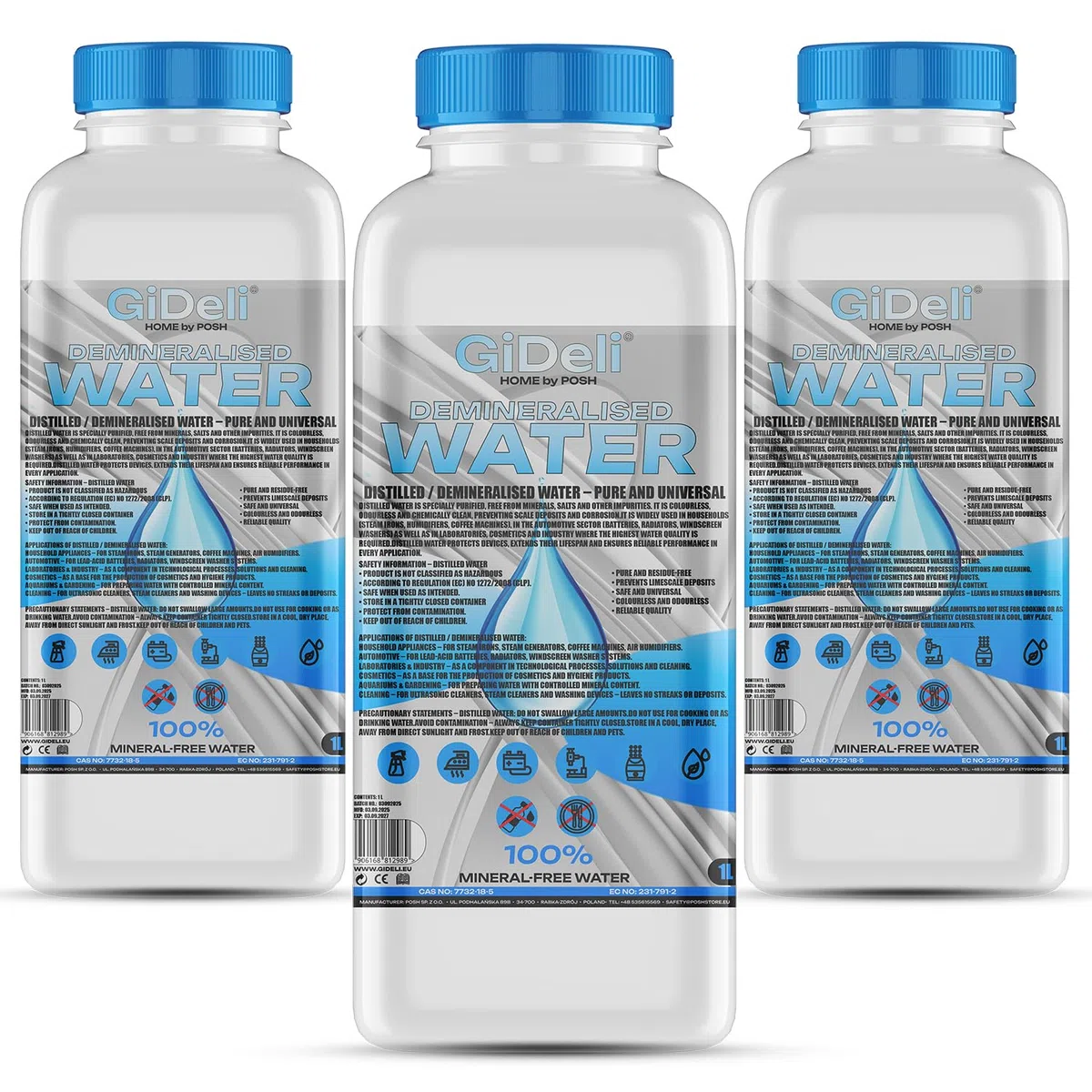 GiDeli Agua desmineralizada, 3 x 1 L, agua destilada para planchas, baterías, radiadores, humidificadores, acuarios y laboratorios, agua sin cal, inodoro, transparente