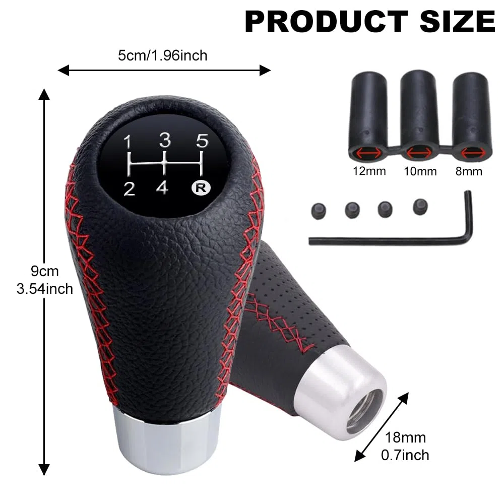 OBEST Pomos de Palanca Cambios Coche Manual Universal, 5 velocidades Perilla de Cambios de Piel para Coche de Transmisión Manual con 8mm 10mm 12mm Adaptador